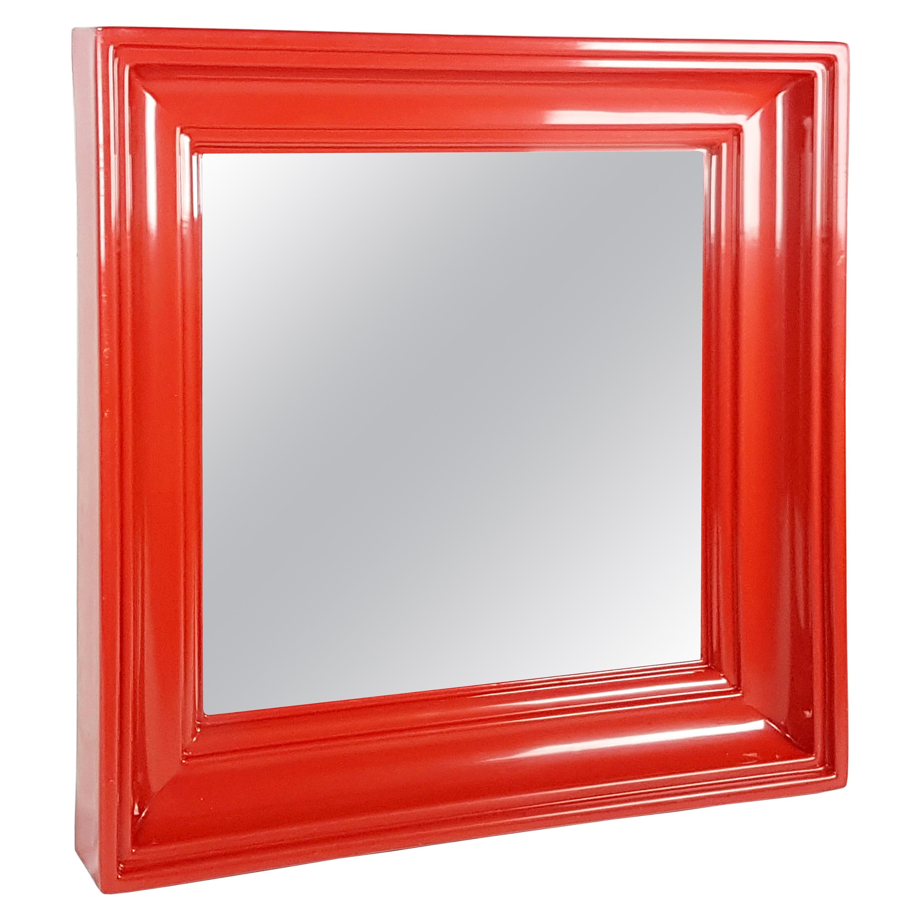 Red Plastic Square 1970s Wall Mirror with Classic Shape Frame