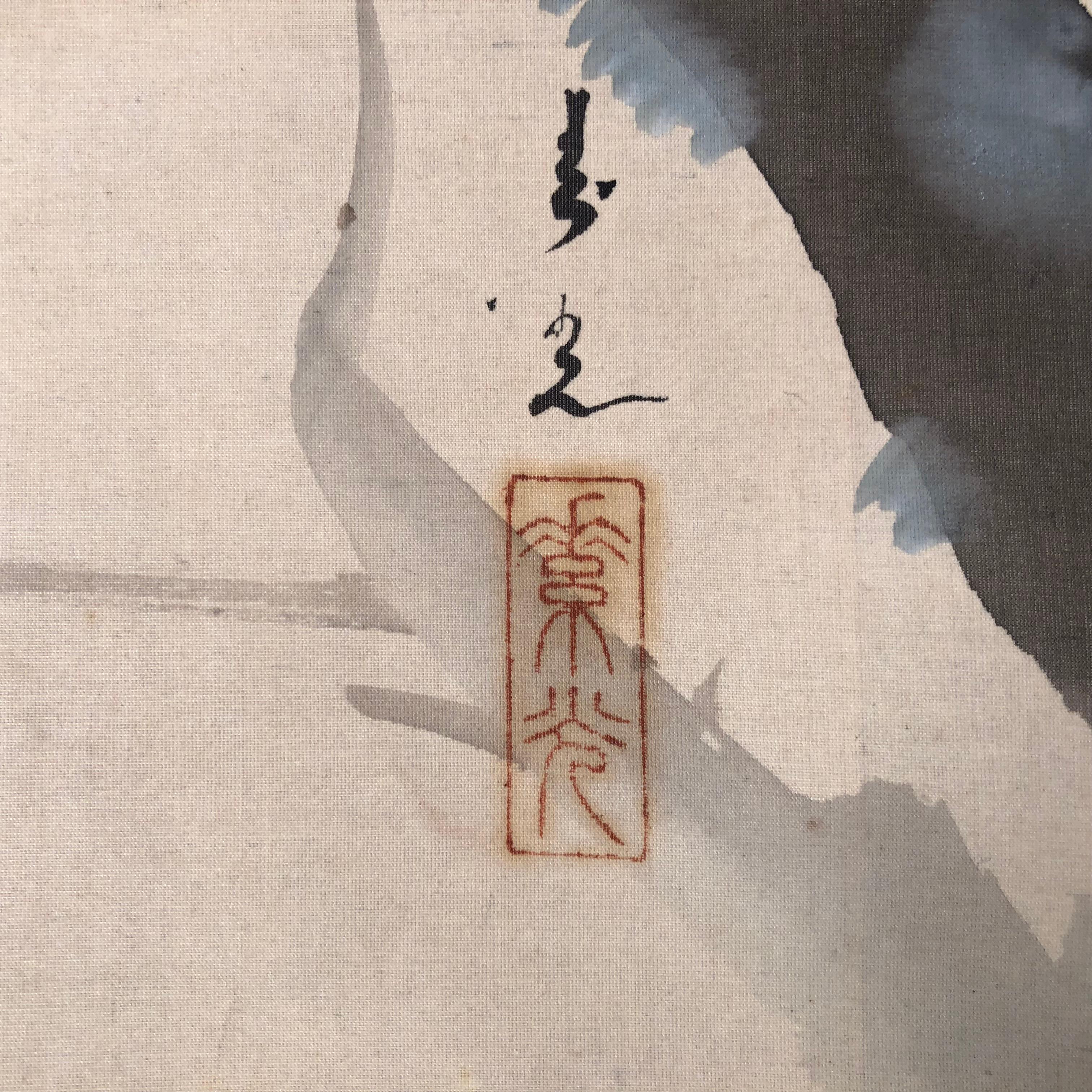 Red Plum Nightingale Japanese Antique Hand Painted Silk Scroll, Taisho Period 5