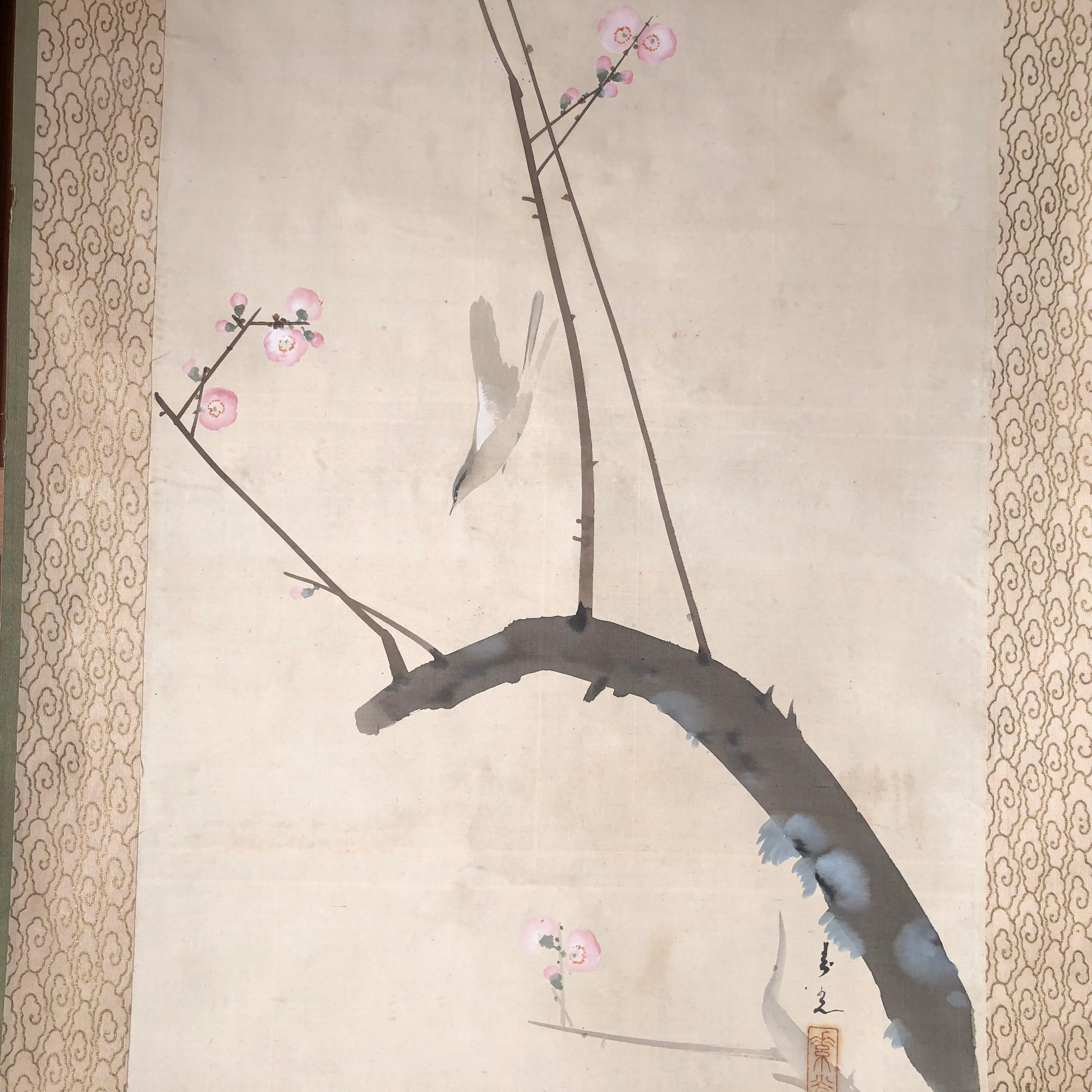 Red Plum Nightingale Japanese Antique Hand Painted Silk Scroll, Taisho Period In Good Condition In South Burlington, VT