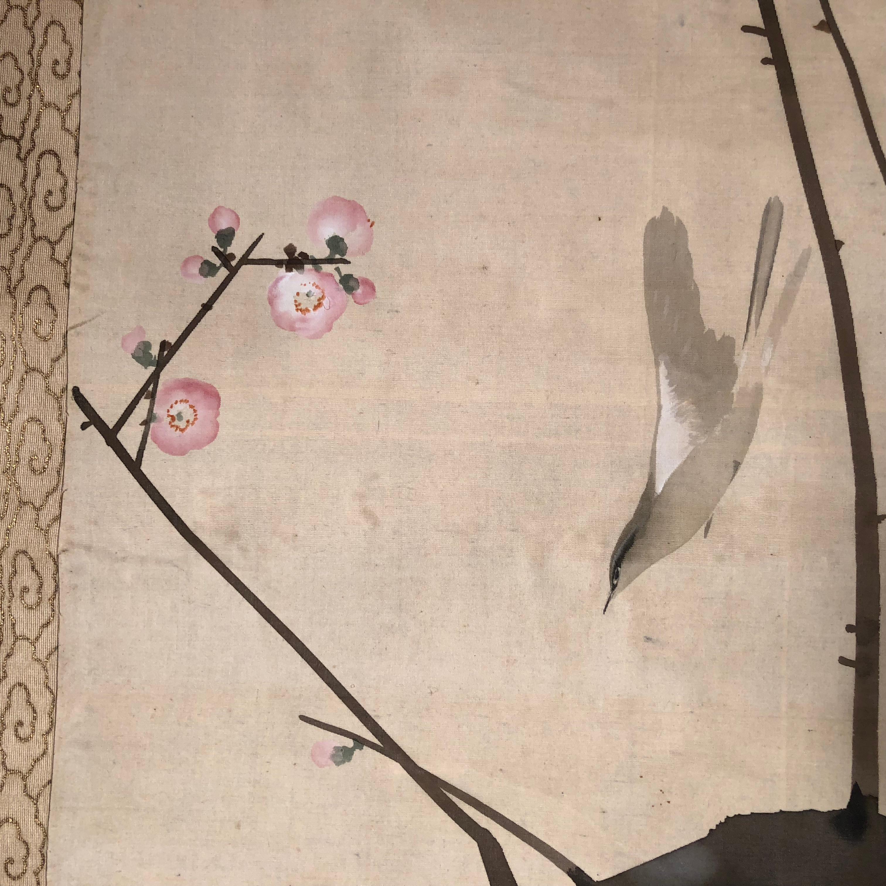 20th Century Red Plum Nightingale Japanese Antique Hand Painted Silk Scroll, Taisho Period