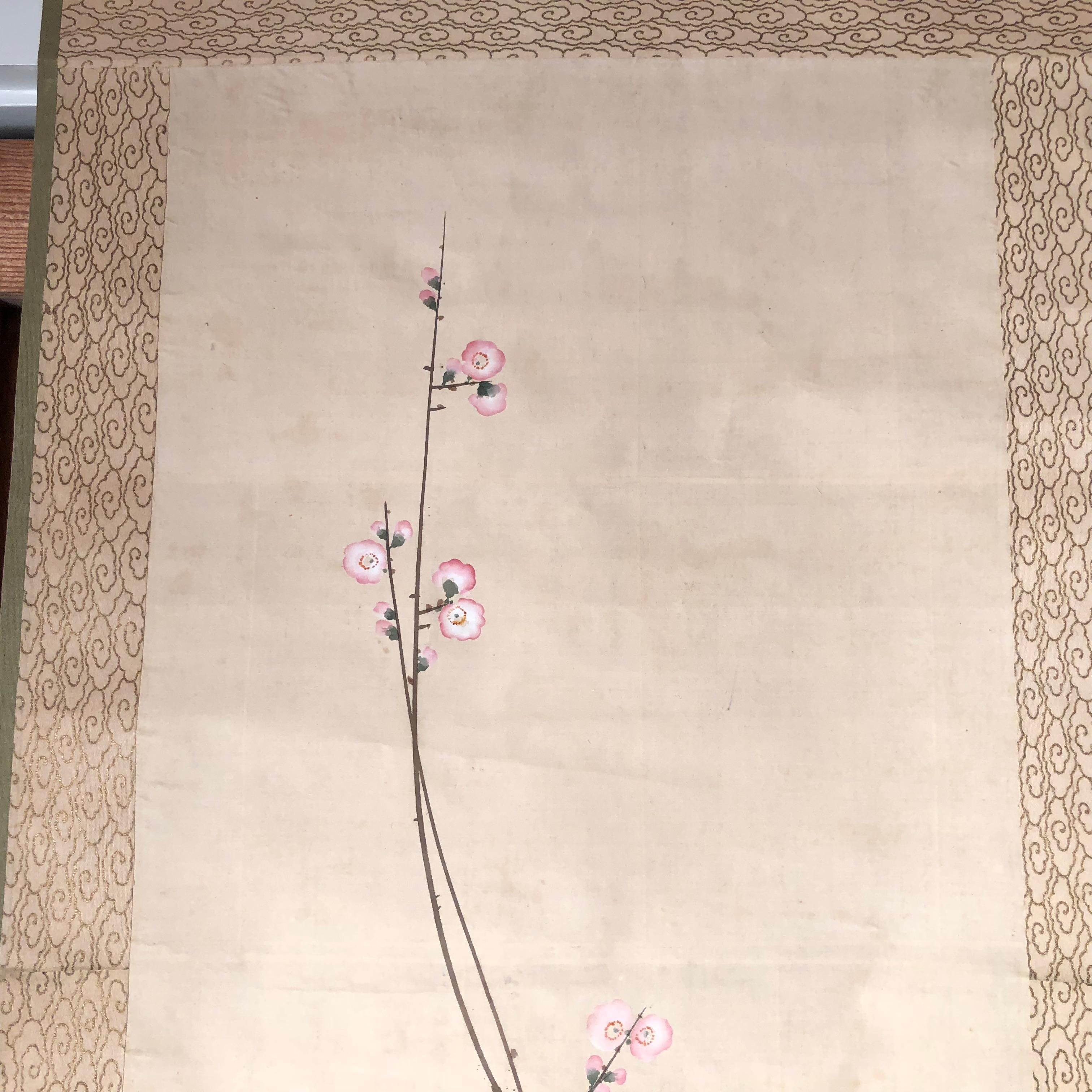 Red Plum Nightingale Japanese Antique Hand Painted Silk Scroll, Taisho Period 2