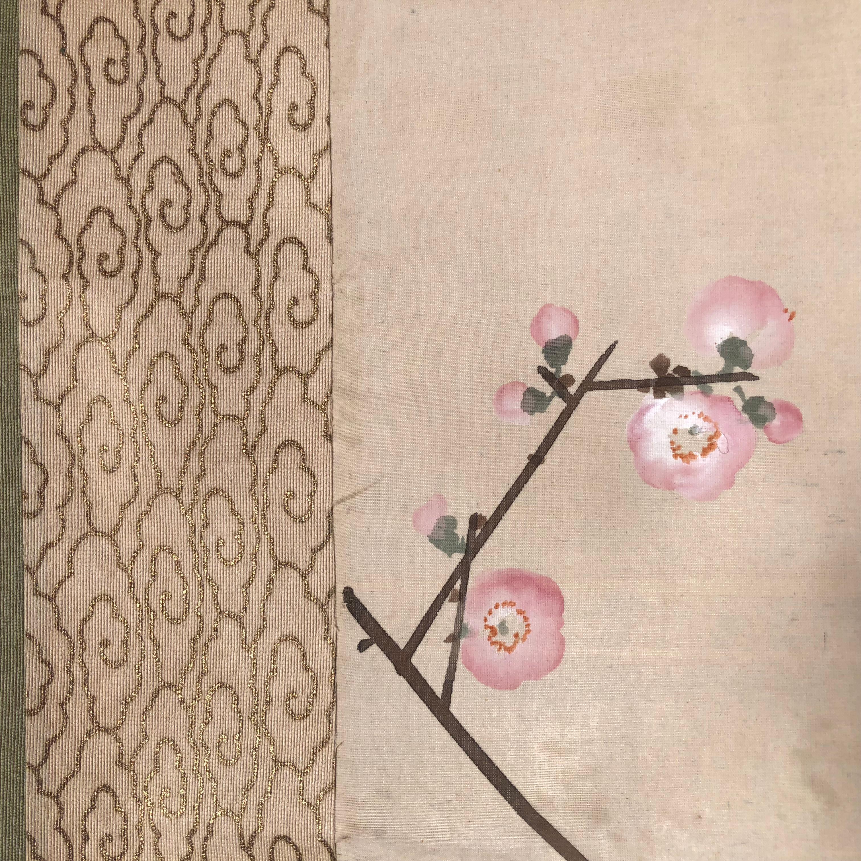 Red Plum Nightingale Japanese Antique Hand Painted Silk Scroll, Taisho Period 4