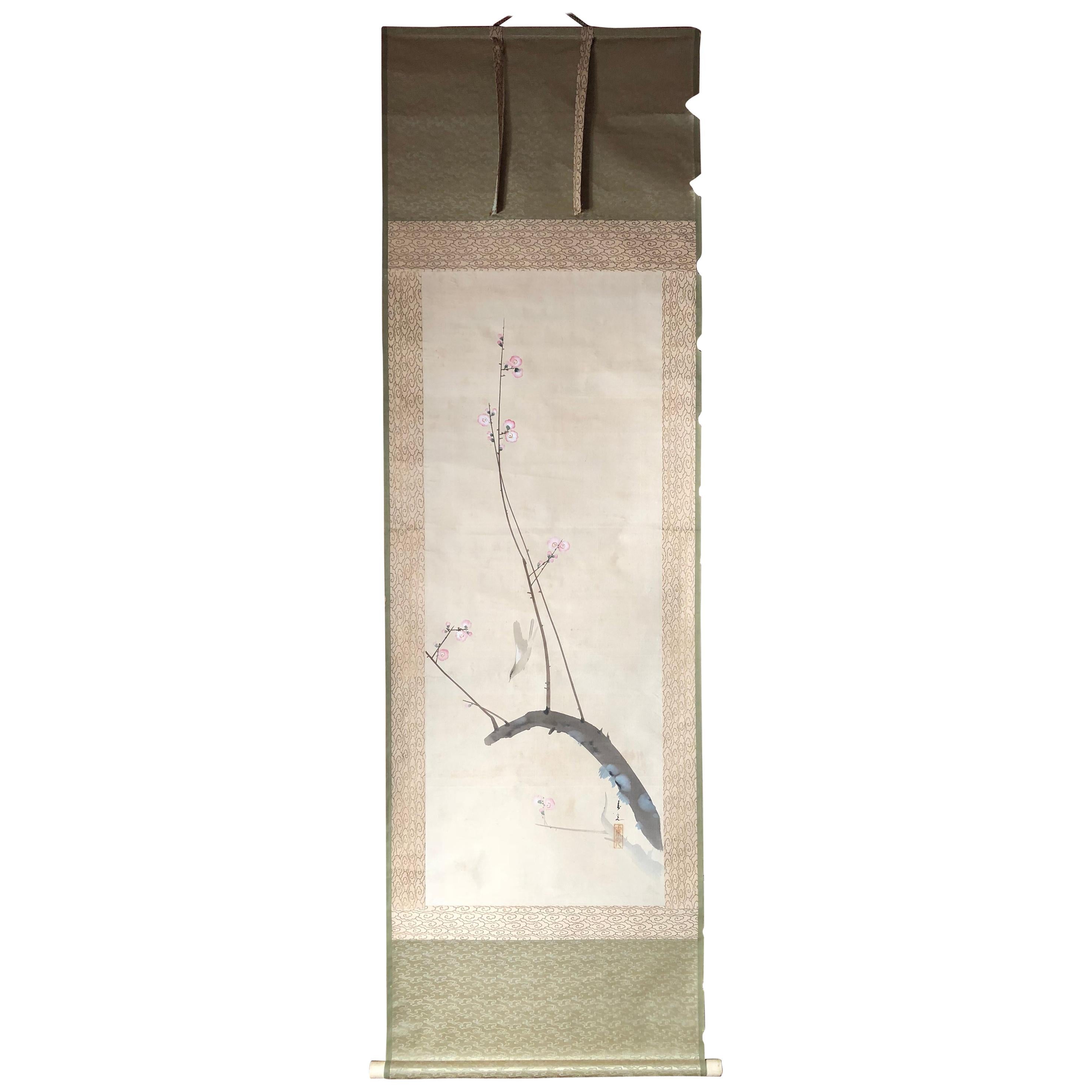Red Plum Nightingale Japanese Antique Hand Painted Silk Scroll, Taisho Period