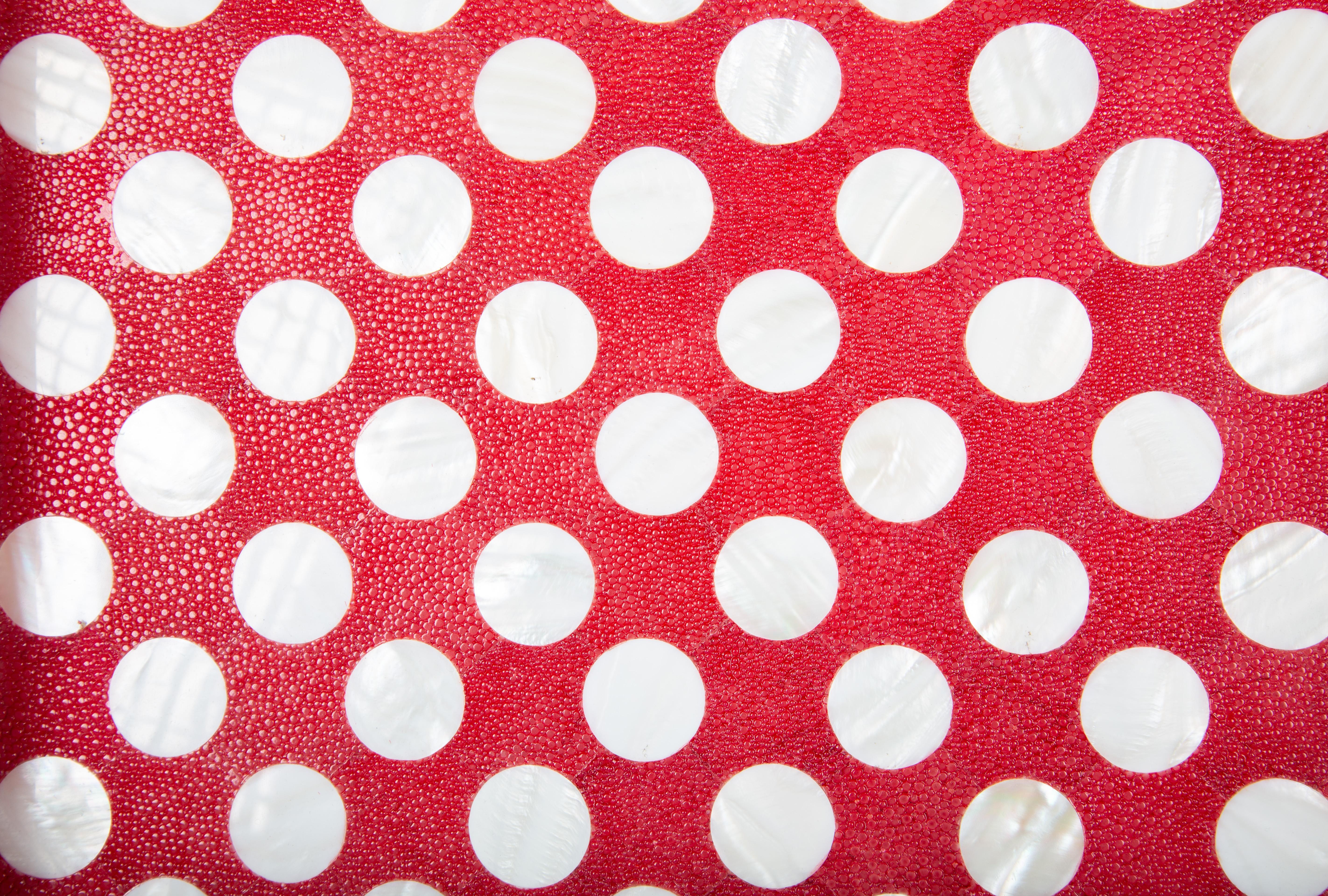 French Red Polka Dot Shagreen and Mother of Pearl Square Tray For Sale