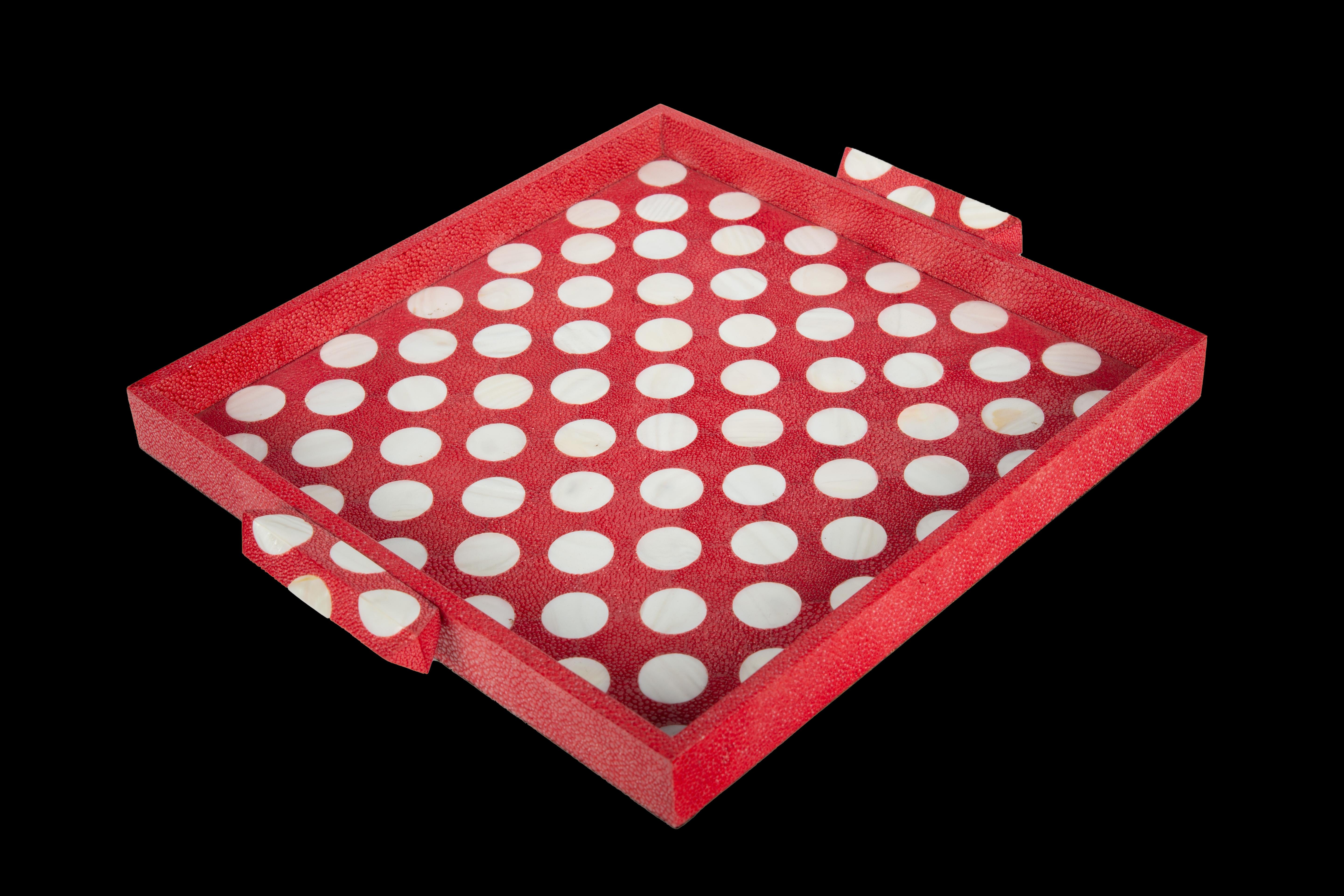 Red Polka Dot Shagreen and Mother of Pearl Square Tray In New Condition For Sale In New York, NY