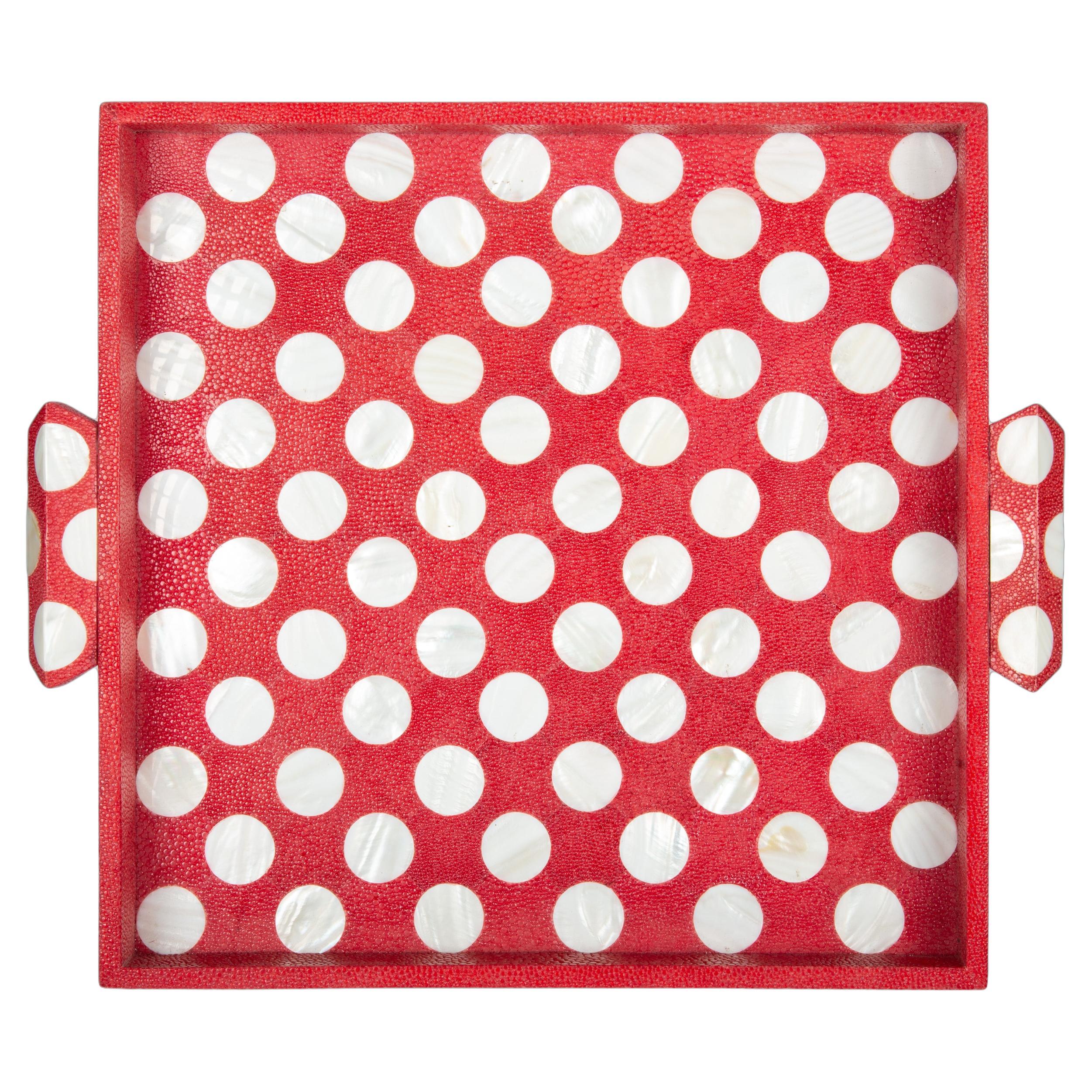 Red Polka Dot Shagreen and Mother of Pearl Square Tray For Sale