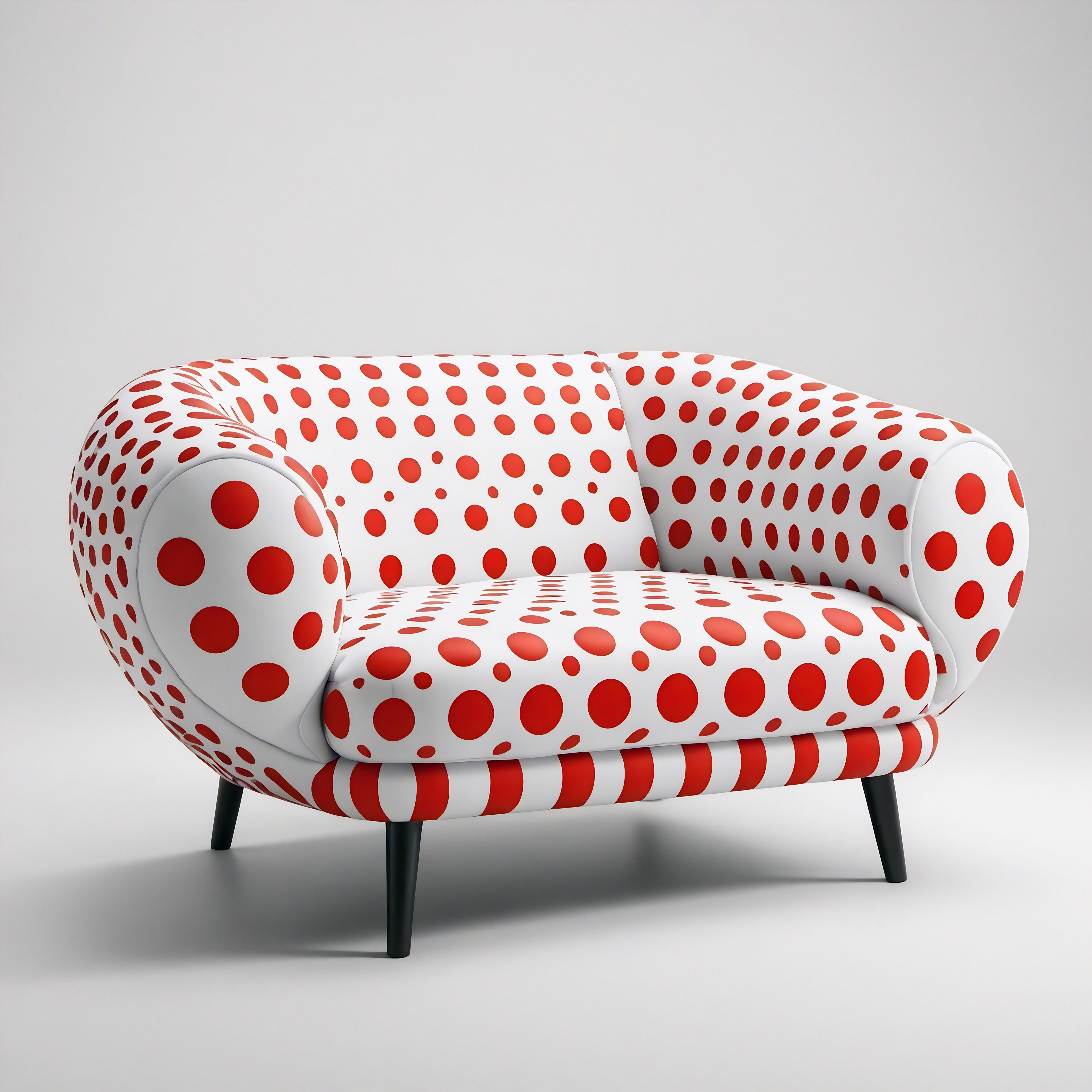 Unser von Yayoi Kusama inspirierter Loungesessel ist eine einzigartige Verschmelzung von zeitgenössischem Design und traditioneller Handwerkskunst. Dieser auffallend weiße Stuhl ist mit verspielten roten Tupfen verziert und fängt die Essenz von