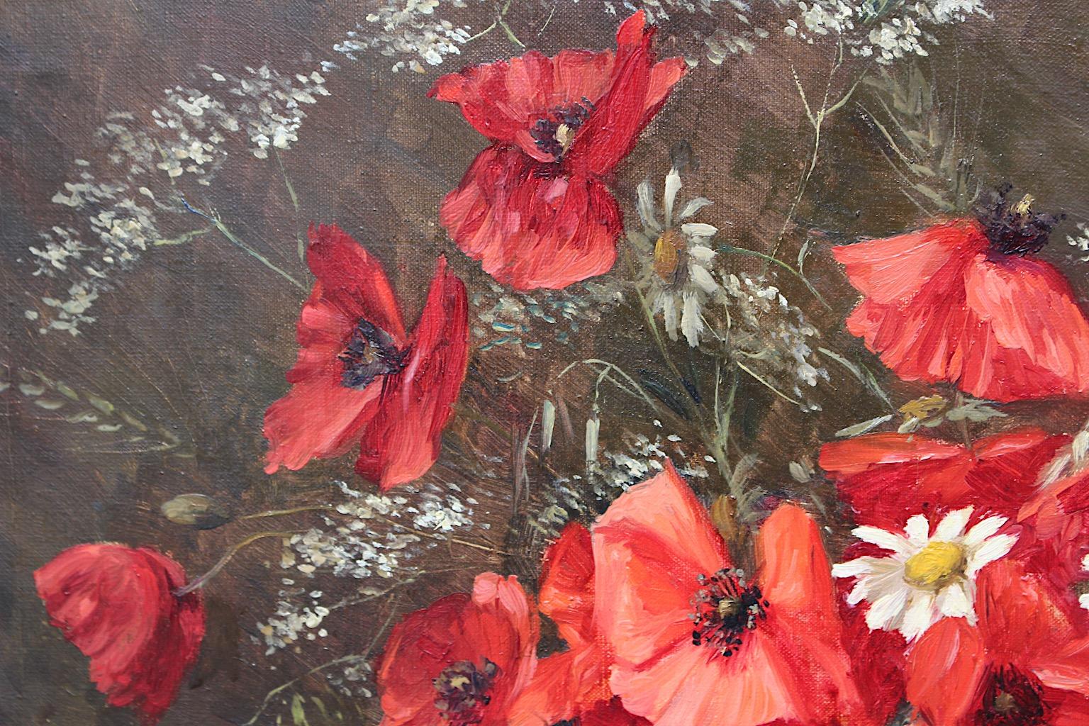 Tableau de fleurs de coquelicots rouges dans un panier Cadre doré Camilla Göbl 1930 Autriche en vente 3