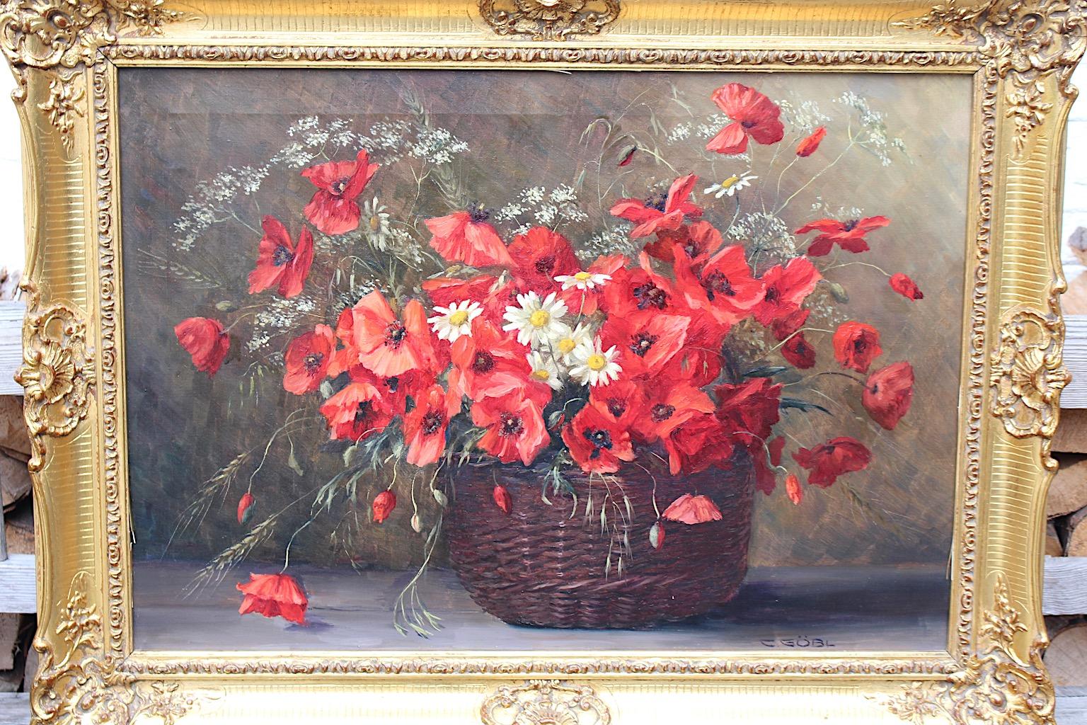 Art Deco oil on canvas painting red poppy bouquet with camomille in a wicker basket by Camilla Göbl 1940s Austria.
Camilla Göbl or Camilla Göbl-Wahl ( 1871 - 1965 ) 
Camilla Göbl female still - life painter
She studied with very important painter