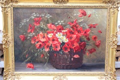 Rustic Red Poppy Art Deco Floral Painting Golden Frame Camilla Göbl 1930 Austria