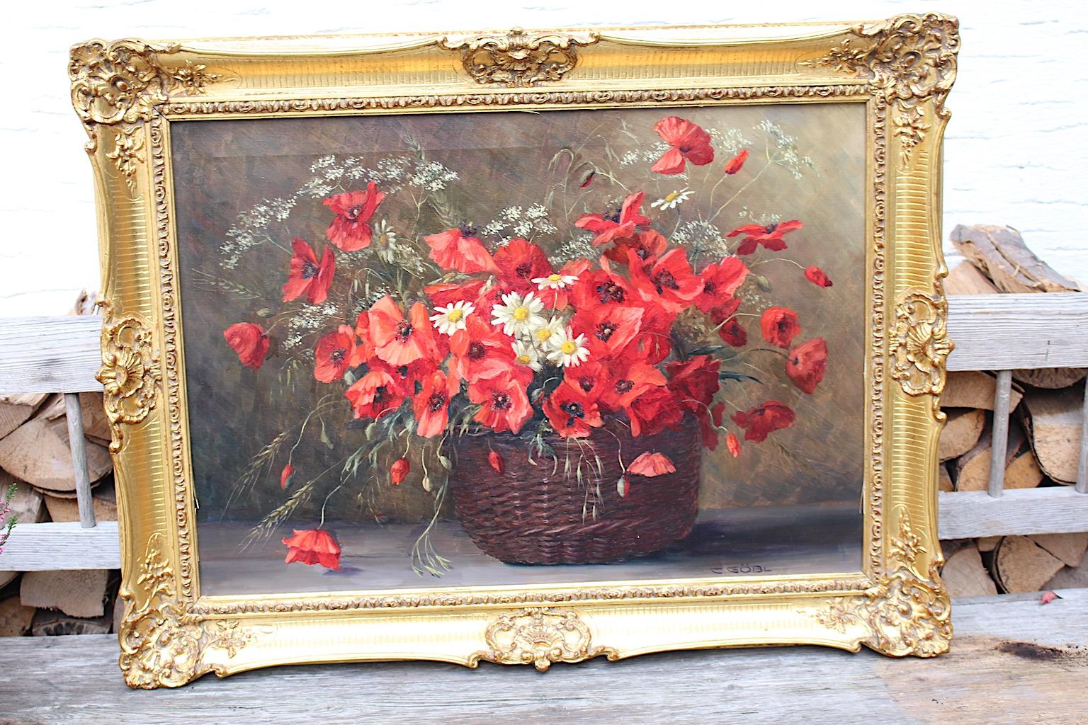 Art déco Tableau de fleurs de coquelicots rouges dans un panier Cadre doré Camilla Göbl 1930 Autriche en vente