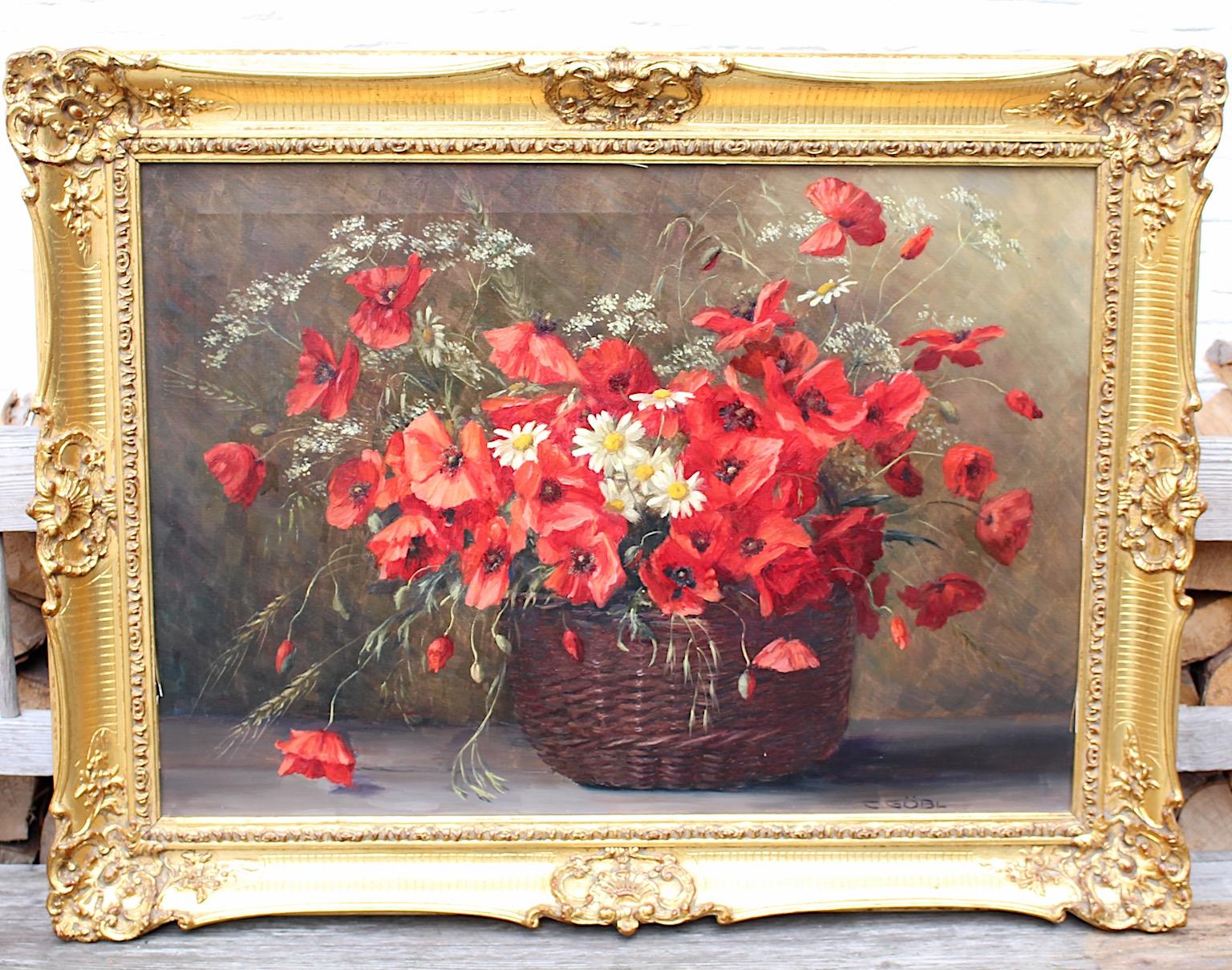 Austrian Red Poppy Flowers in a Basket Painting Golden Frame Camilla Göbl 1930s Austria For Sale