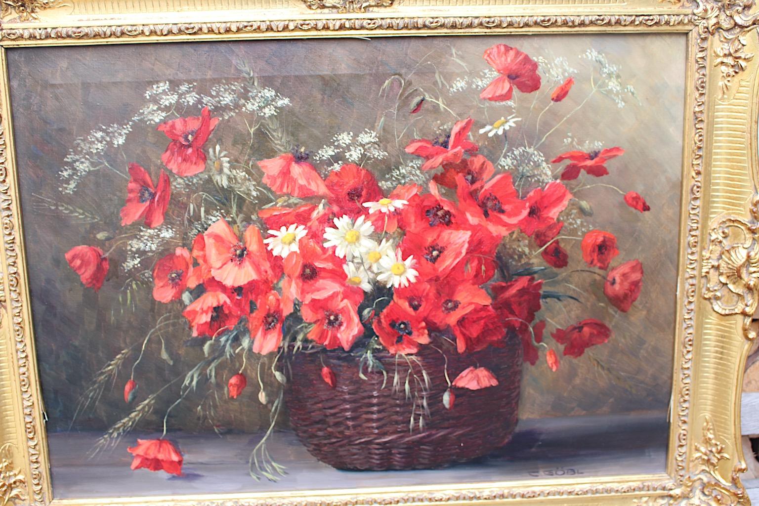 Canvas Red Poppy Flowers in a Basket Painting Golden Frame Camilla Göbl 1930s Austria For Sale