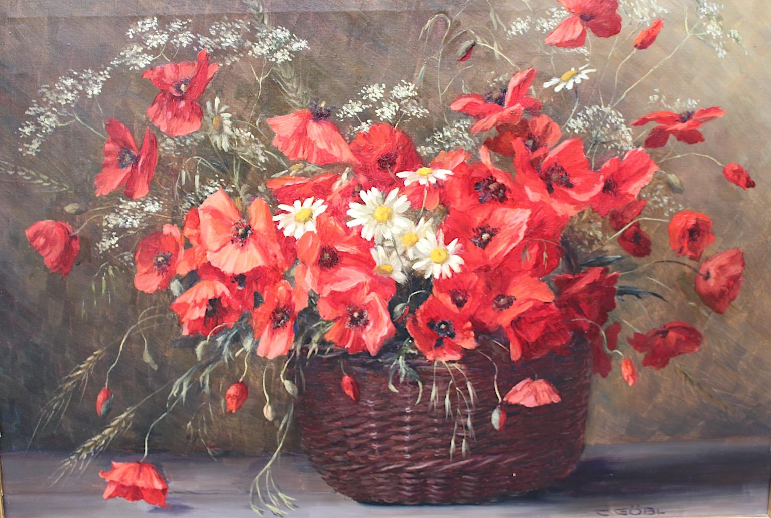 Red Poppy Flowers in a Basket Painting Golden Frame Camilla Göbl 1930s Austria For Sale 1