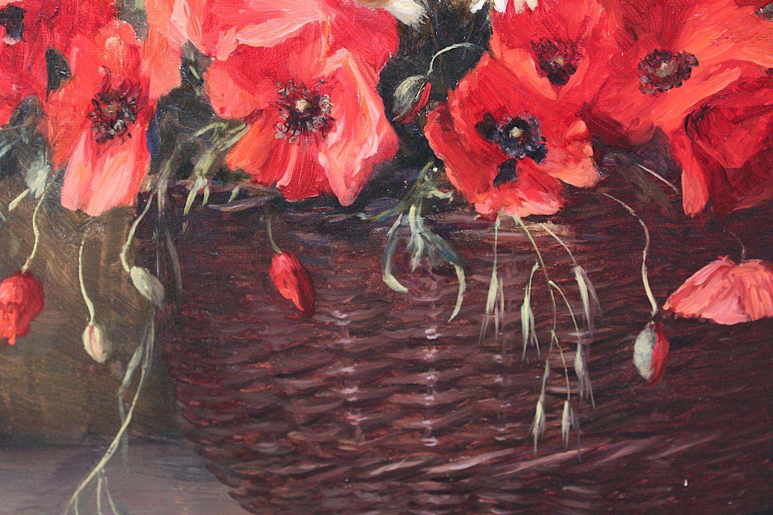 Red Poppy Flowers in a Basket Painting Golden Frame Camilla Göbl 1930s Austria For Sale 2