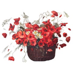 Red Poppy Flowers in a Basket Painting Golden Frame Camilla Göbl 1930s Austria