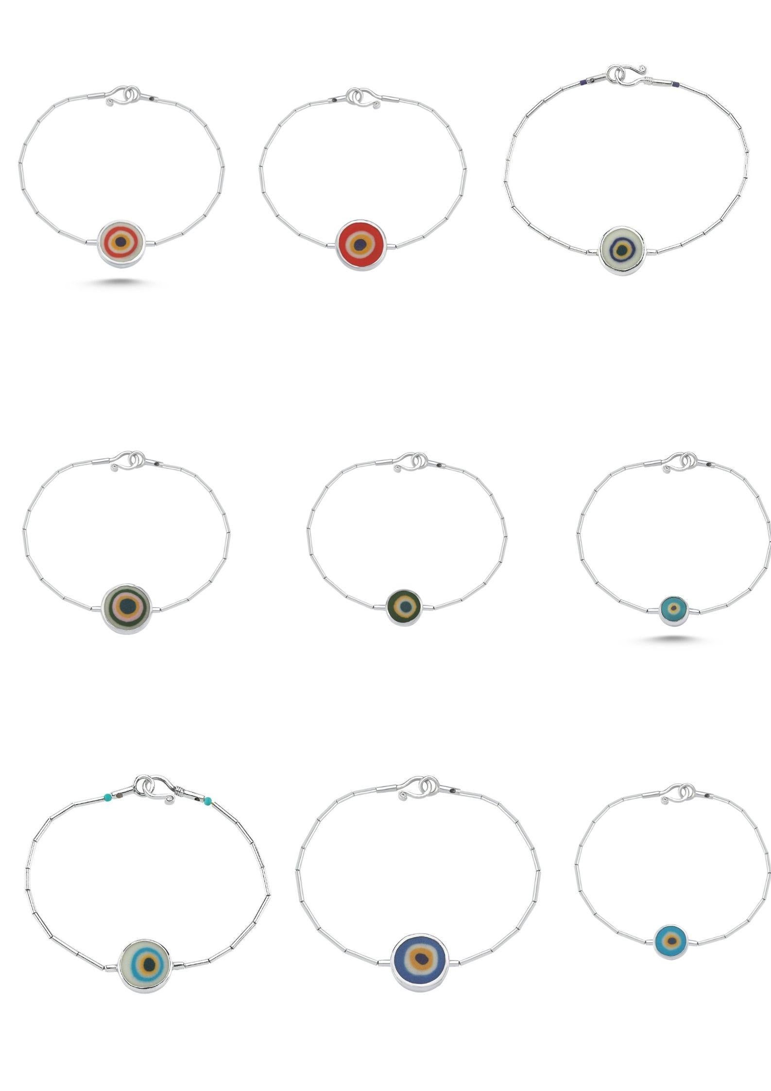 Contemporary Red Porcelain Evil Eye Sterling Silver Bracelet