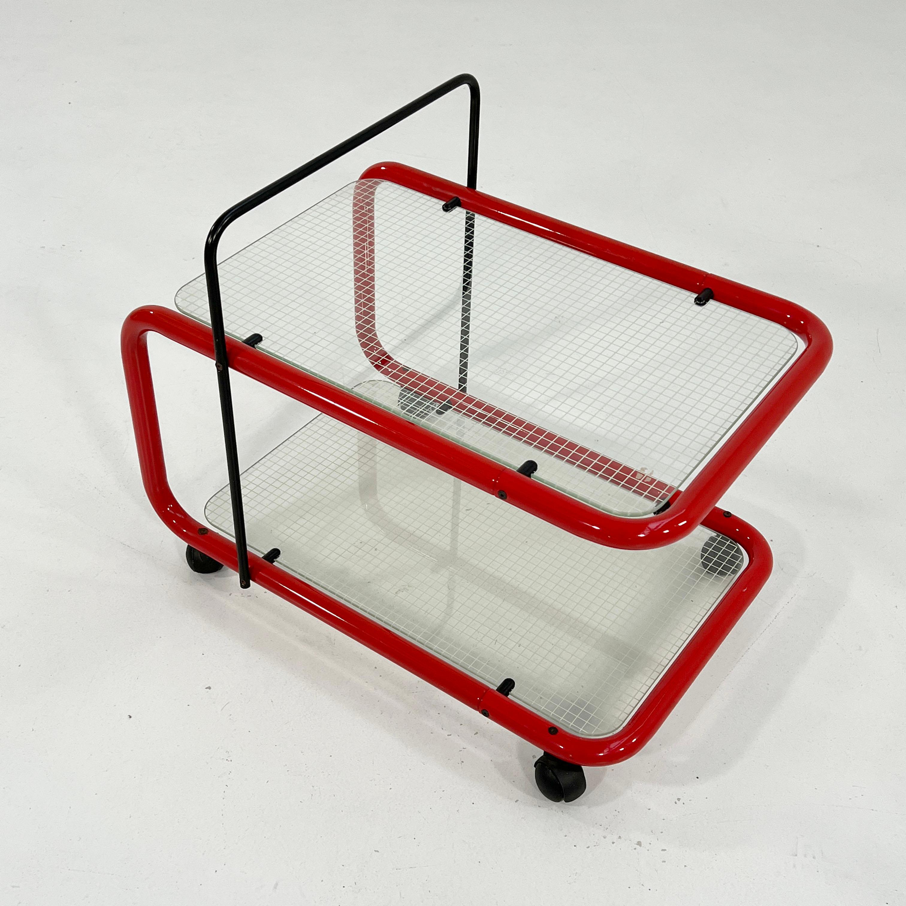 Design Period - Eighties
Measurements - Width 48 cm x Depth 69 cm x Height 55 cm
Materials - Metal, Glass
Color - Red, Black, White
Condition - Good 
Comments - Light wear consistent with age and use. 