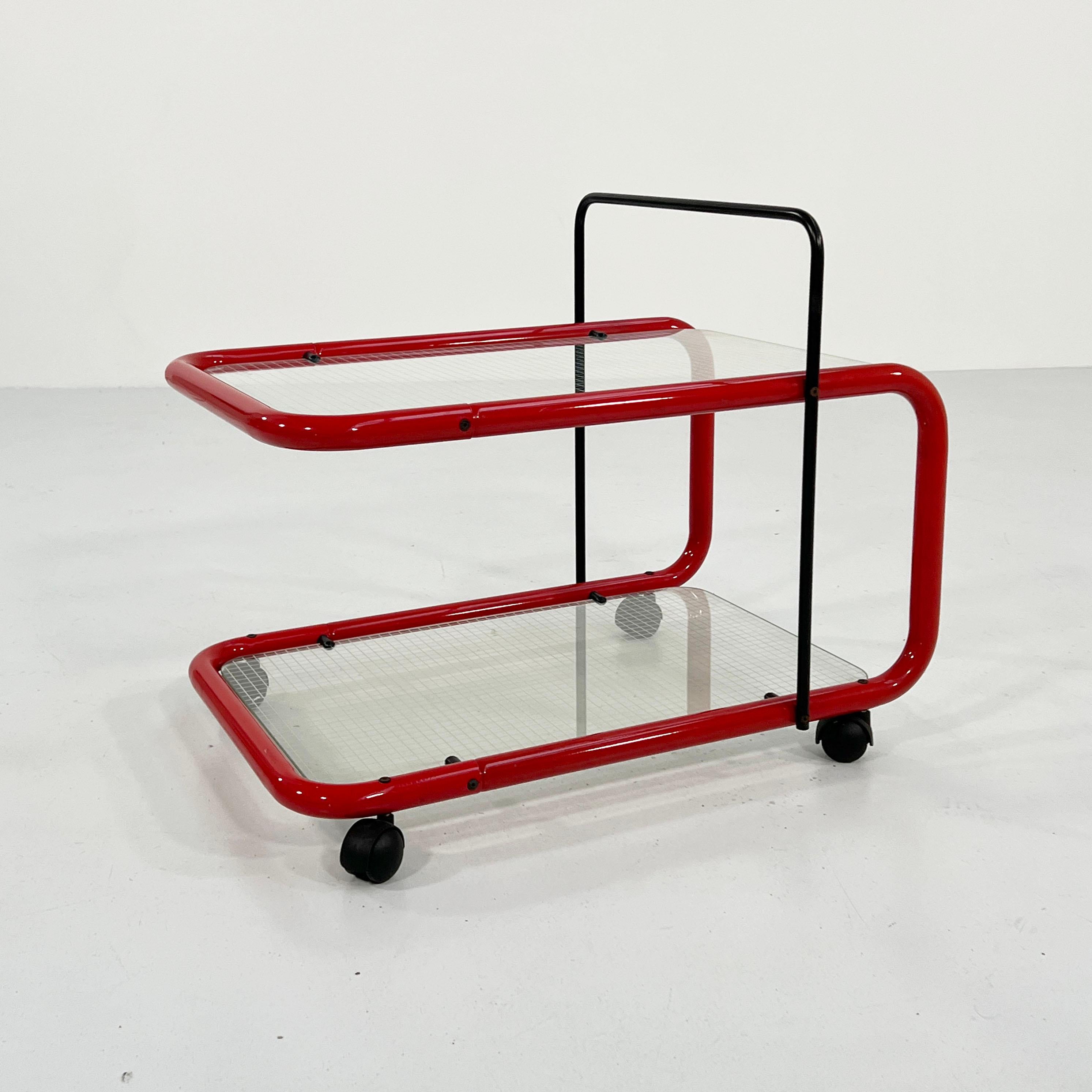 Red Postmodern Side Table/Trolley with Quaderna Pattern, 1980s In Good Condition In Ixelles, Bruxelles