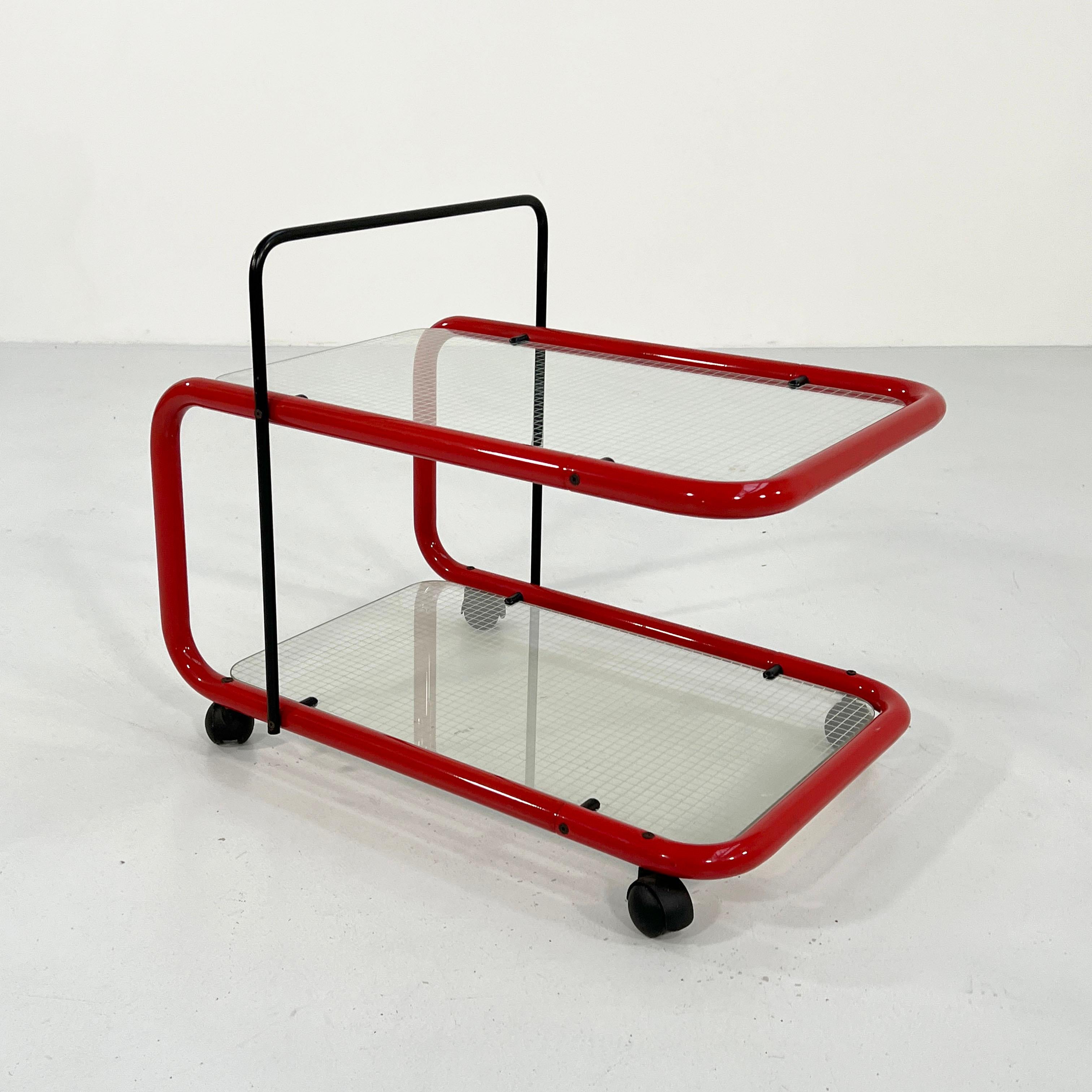Red Postmodern Side Table/Trolley with Quaderna Pattern, 1980s 2
