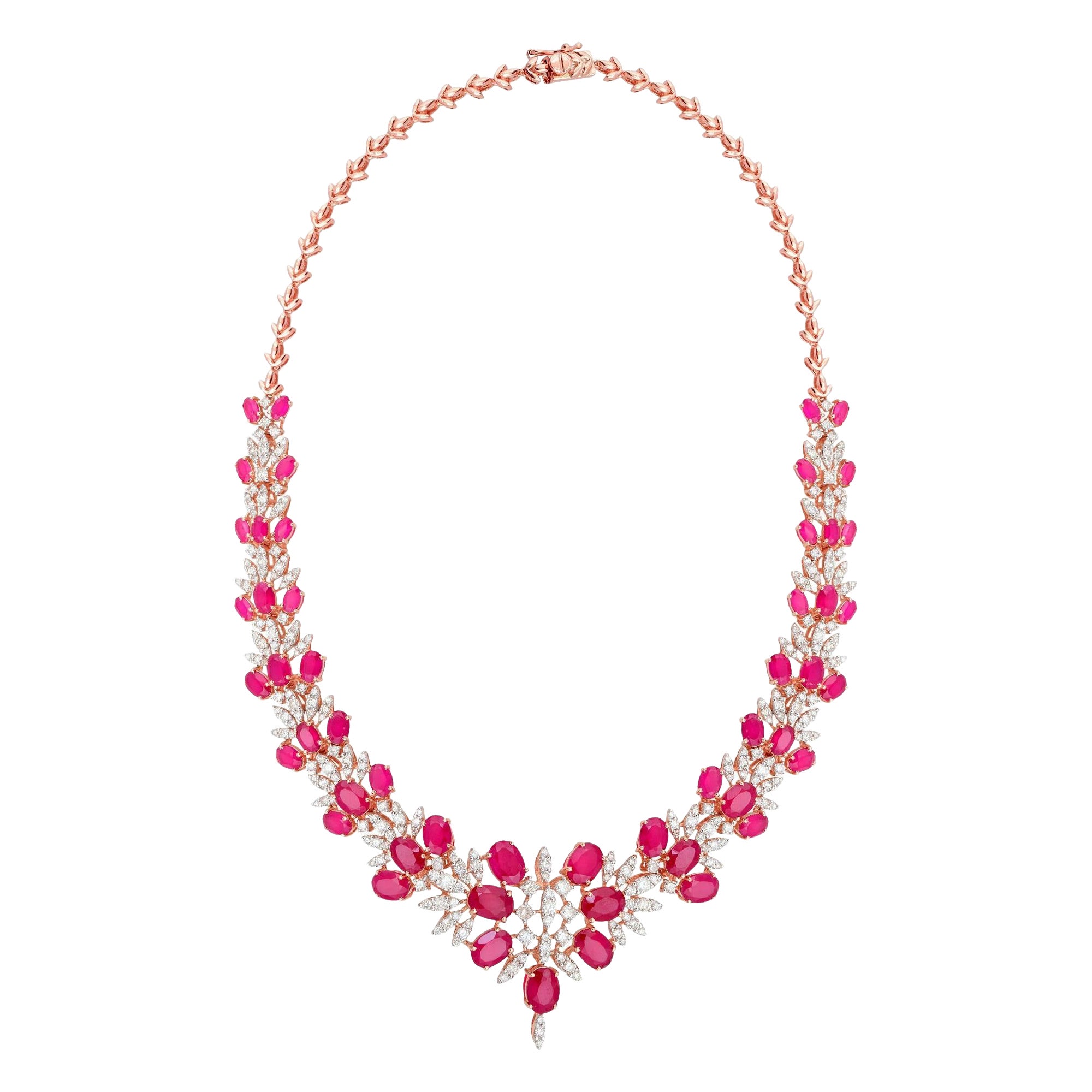 Collana girocollo con gemme lavorate rosse con pavé di diamanti in oro rosa 18 carati Gioielli di pregio