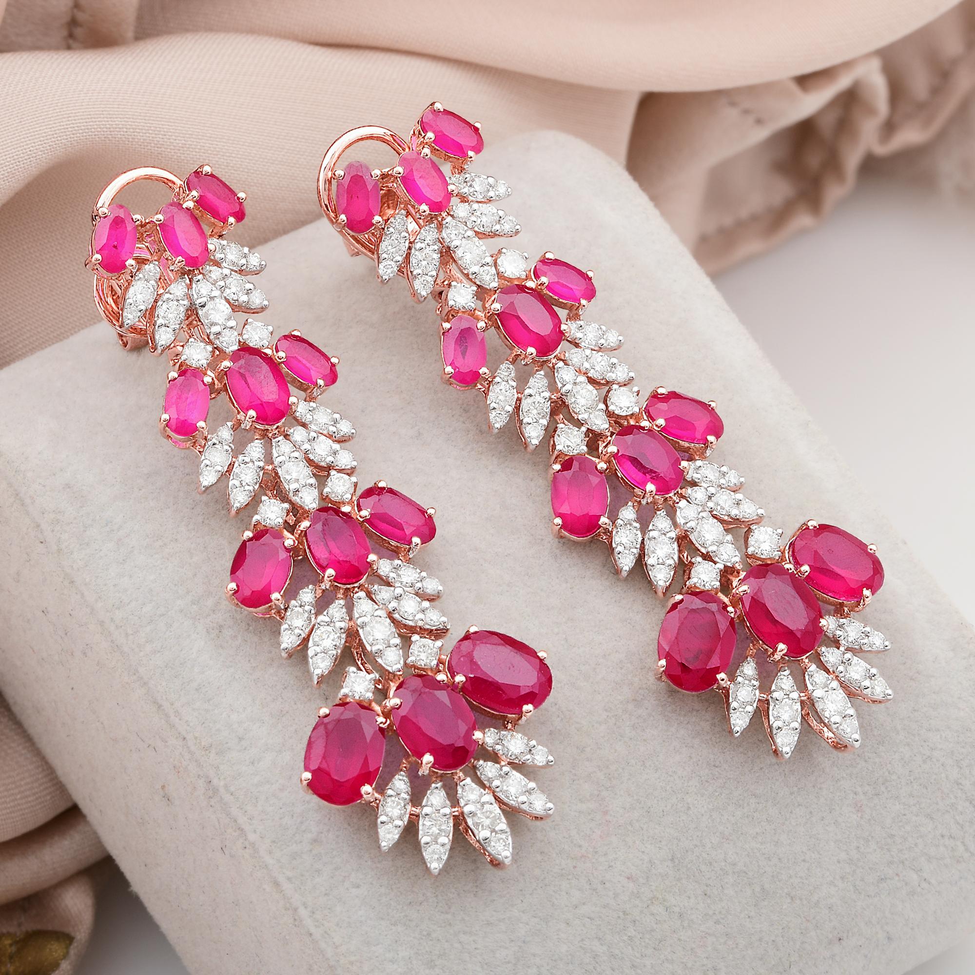 Modern Red Processed Gemstone Dangle Earrings Diamond 14 Karat Rose Gold Fine Jewelry For Sale