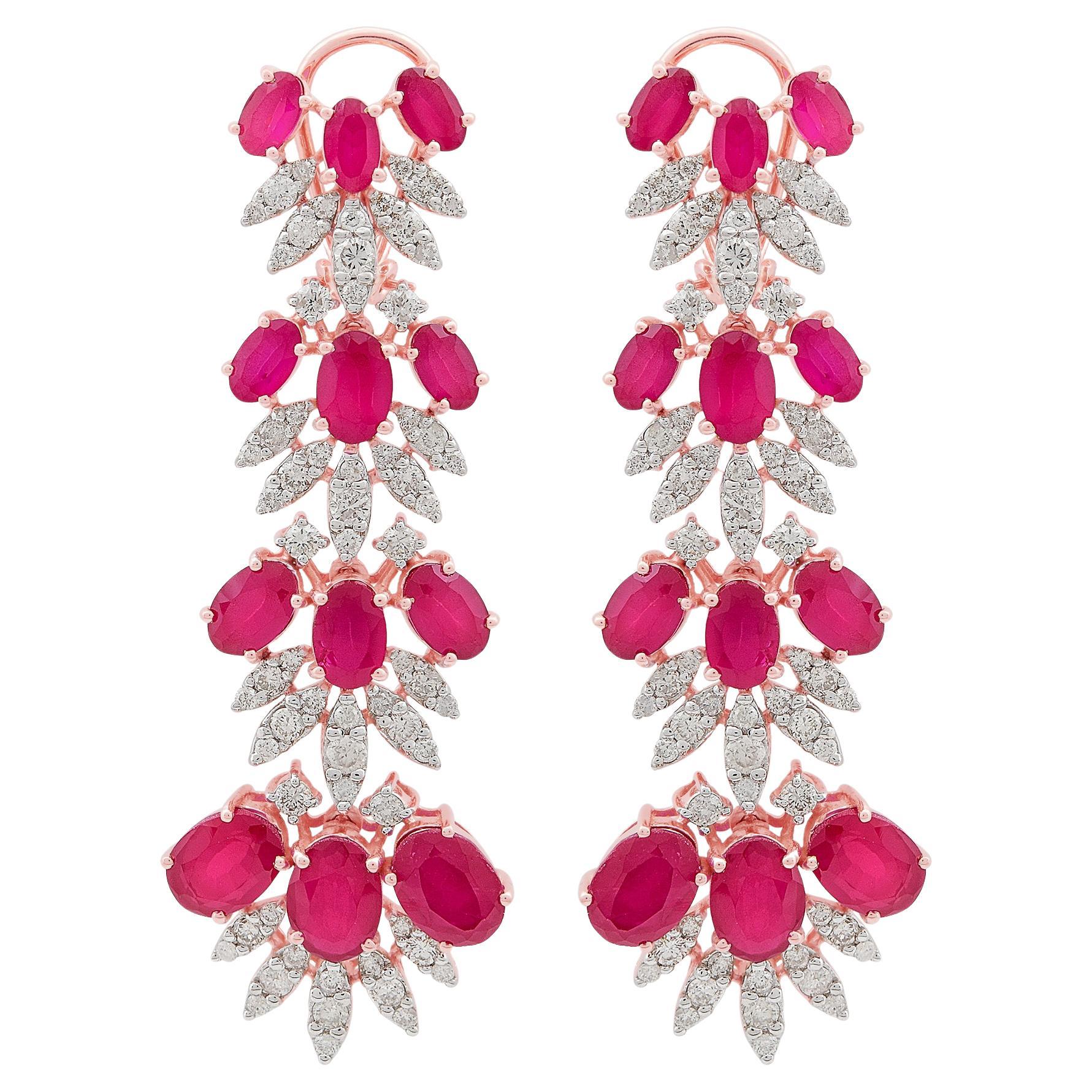 Red Processed Gemstone Dangle Earrings Diamond 18 Karat Rose Gold Fine Jewelry
