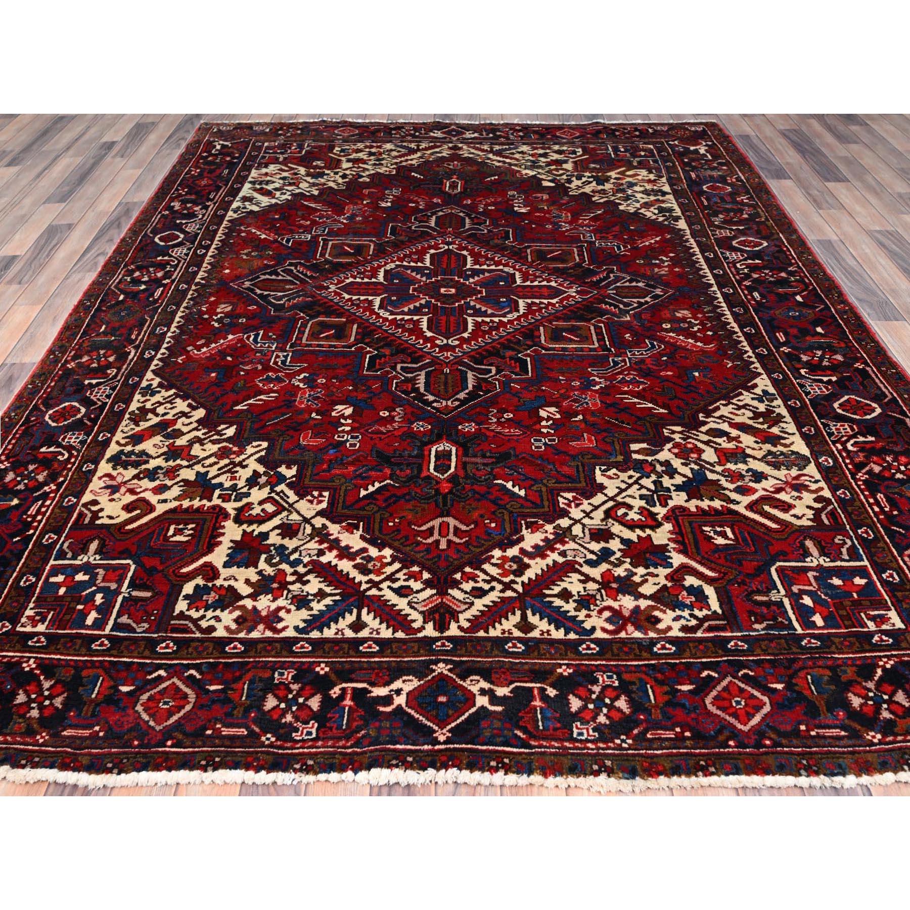 Medieval Red Professionally Cleaned Wool Evenly Worn Old Persian Heriz Hand Knotted Rug For Sale
