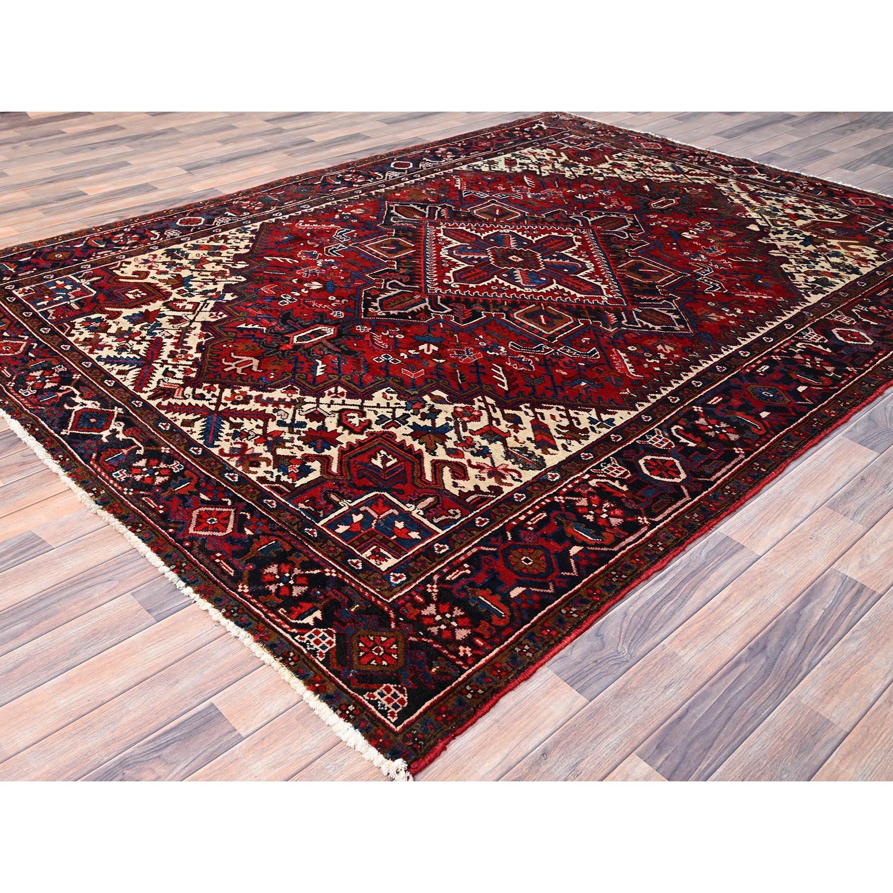 Hand-Knotted Red Professionally Cleaned Wool Evenly Worn Old Persian Heriz Hand Knotted Rug For Sale