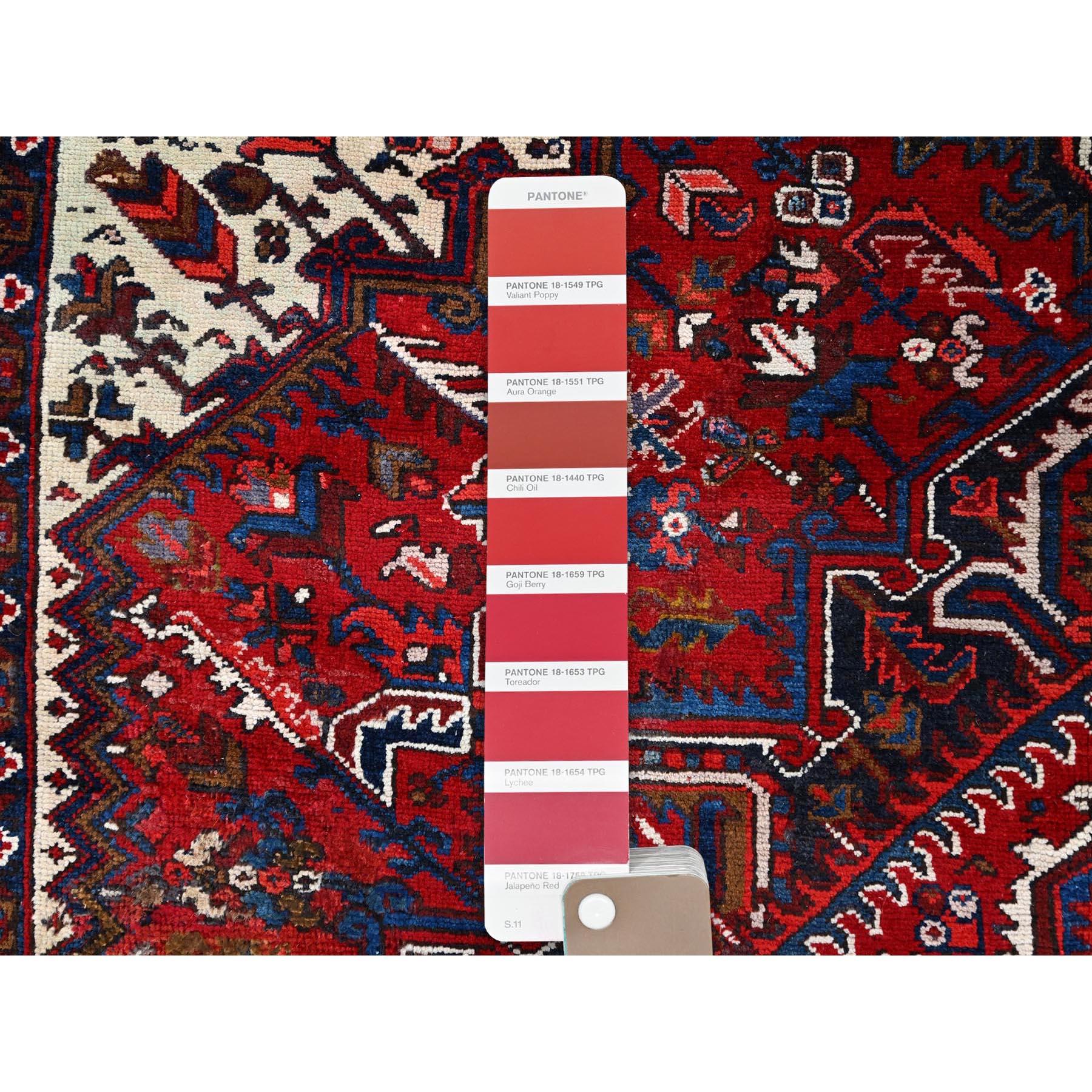 Red Professionally Cleaned Wool Evenly Worn Old Persian Heriz Hand Knotted Rug For Sale 2