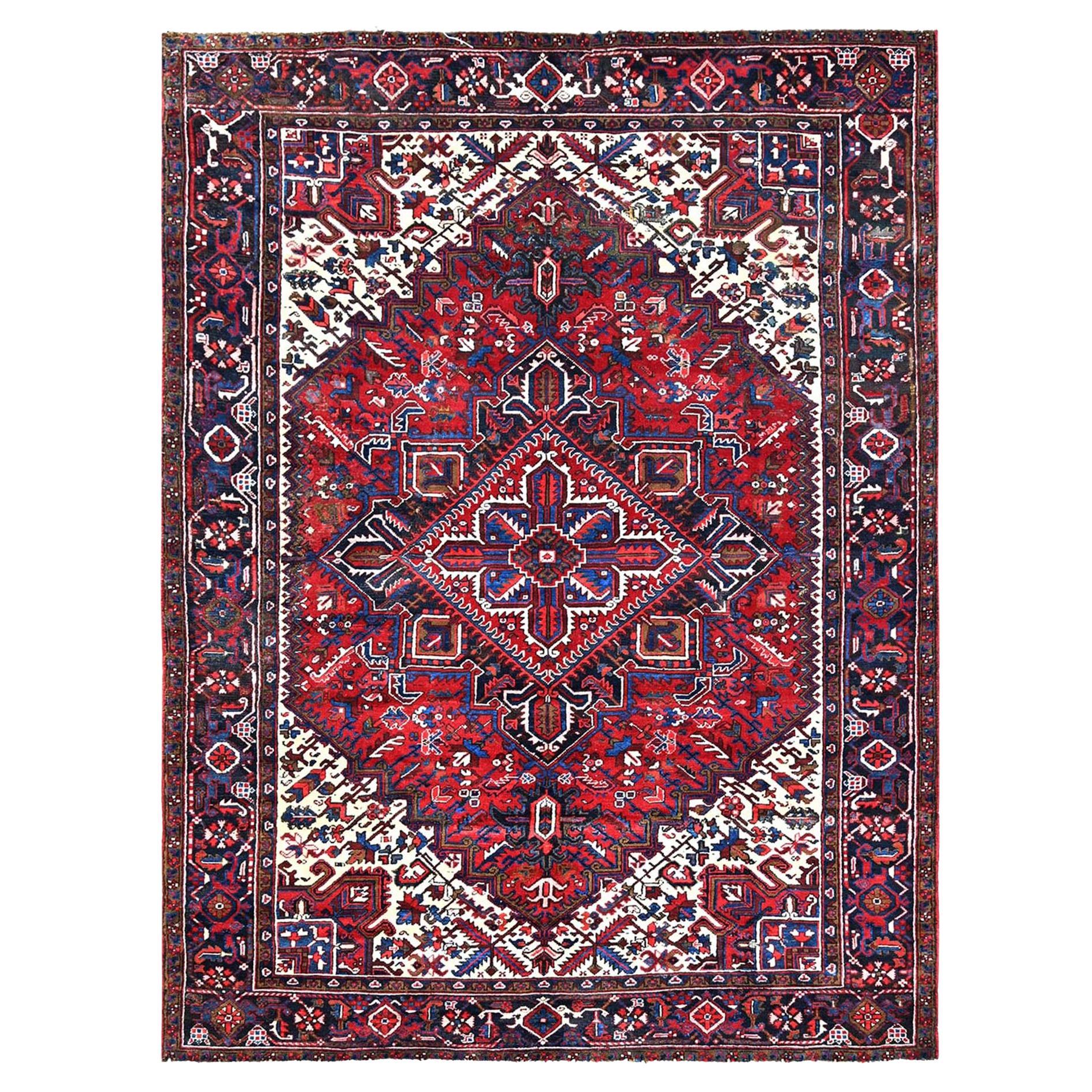 Red Professionally Cleaned Wool Evenly Worn Old Persian Heriz Hand Knotted Rug For Sale