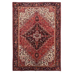 Excellent tapis oriental rouge persan vintage Heriz noué à la main