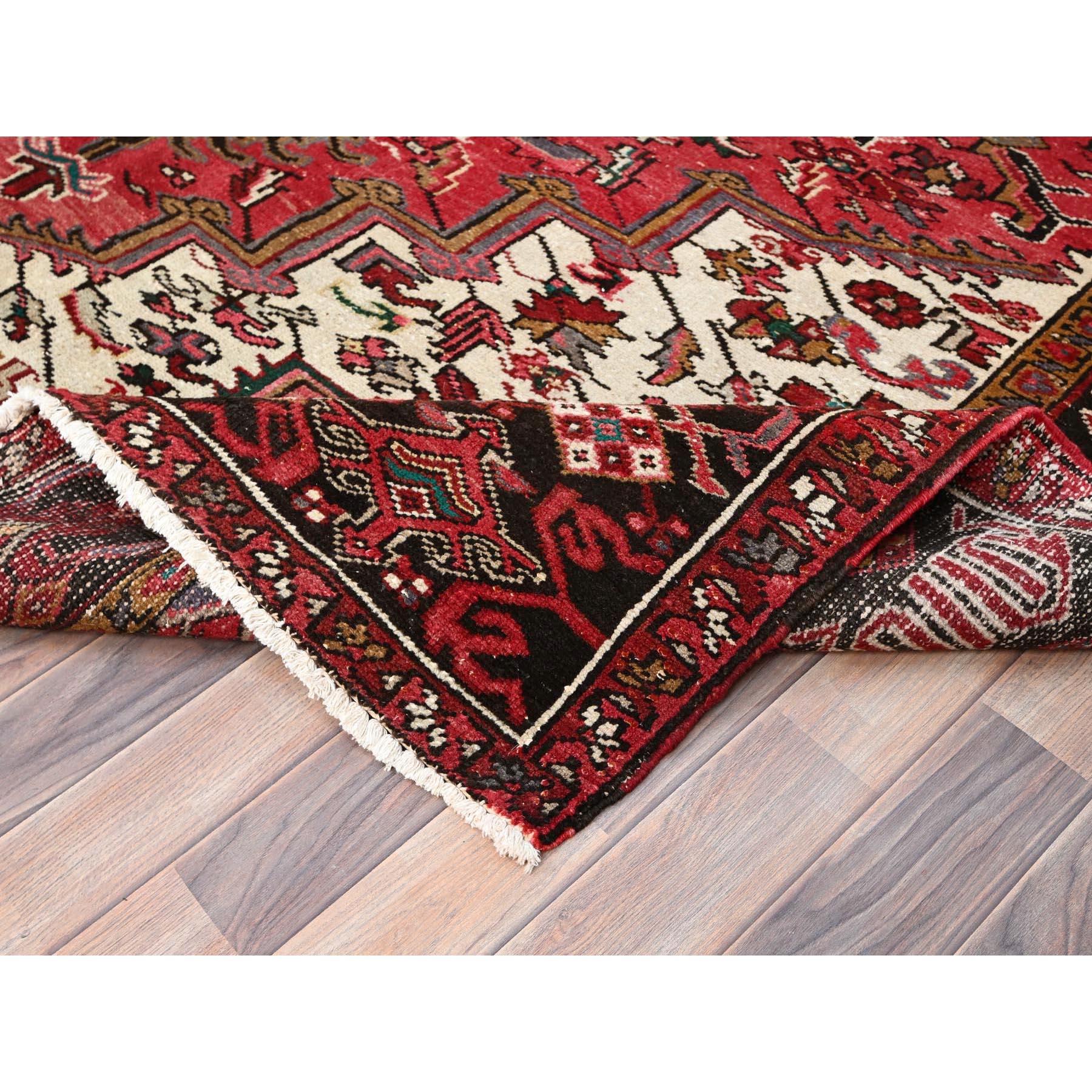 Red Pure Wool Hand Knotted Vintage Bohemian Persian Heriz Rustic Feel Clean Rug For Sale 2