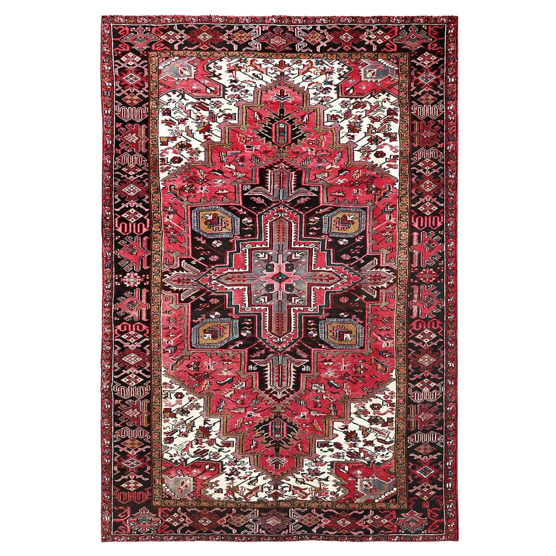 Red Pure Wool Hand Knotted Vintage Bohemian Persian Heriz Rustic Feel Clean Rug For Sale