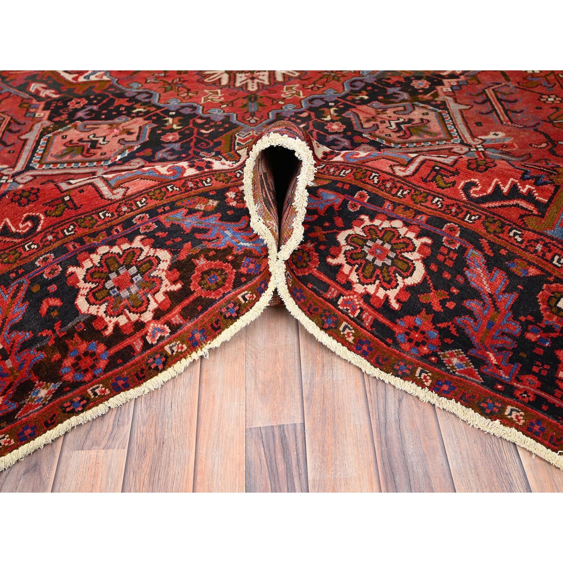Red Pure Wool Hand Knotted Vintage Bohemian Persian Heriz Rustic Look Clean Rug For Sale 1