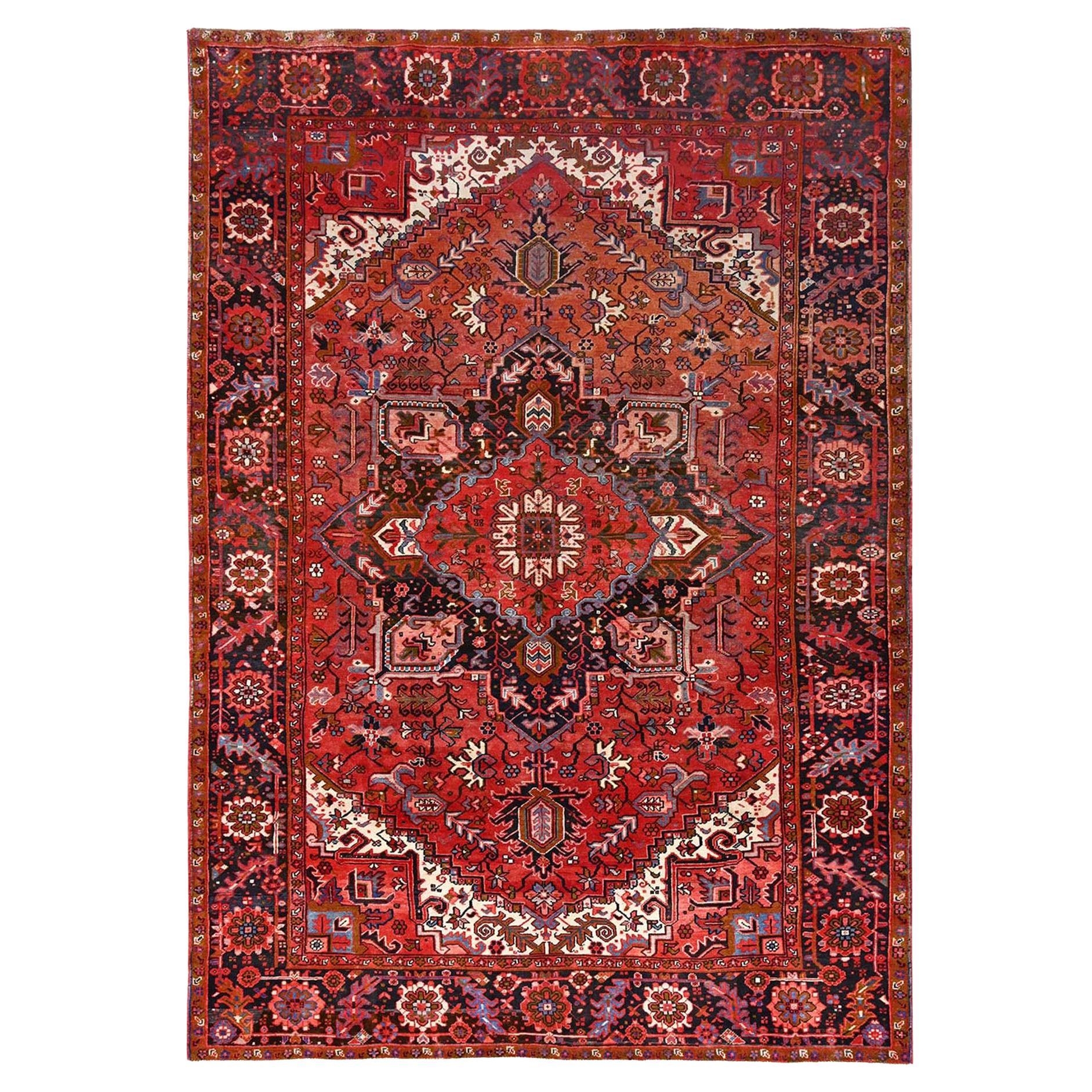 Red Pure Wool Hand Knotted Vintage Bohemian Persian Heriz Rustic Look Clean Rug For Sale