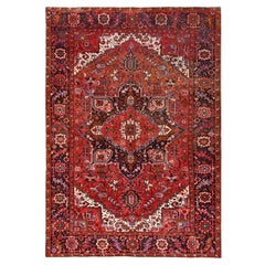 Roter, handgeknüpfter, rustikaler Vintage-Teppich aus reiner Wolle mit persischem Heriz-Look