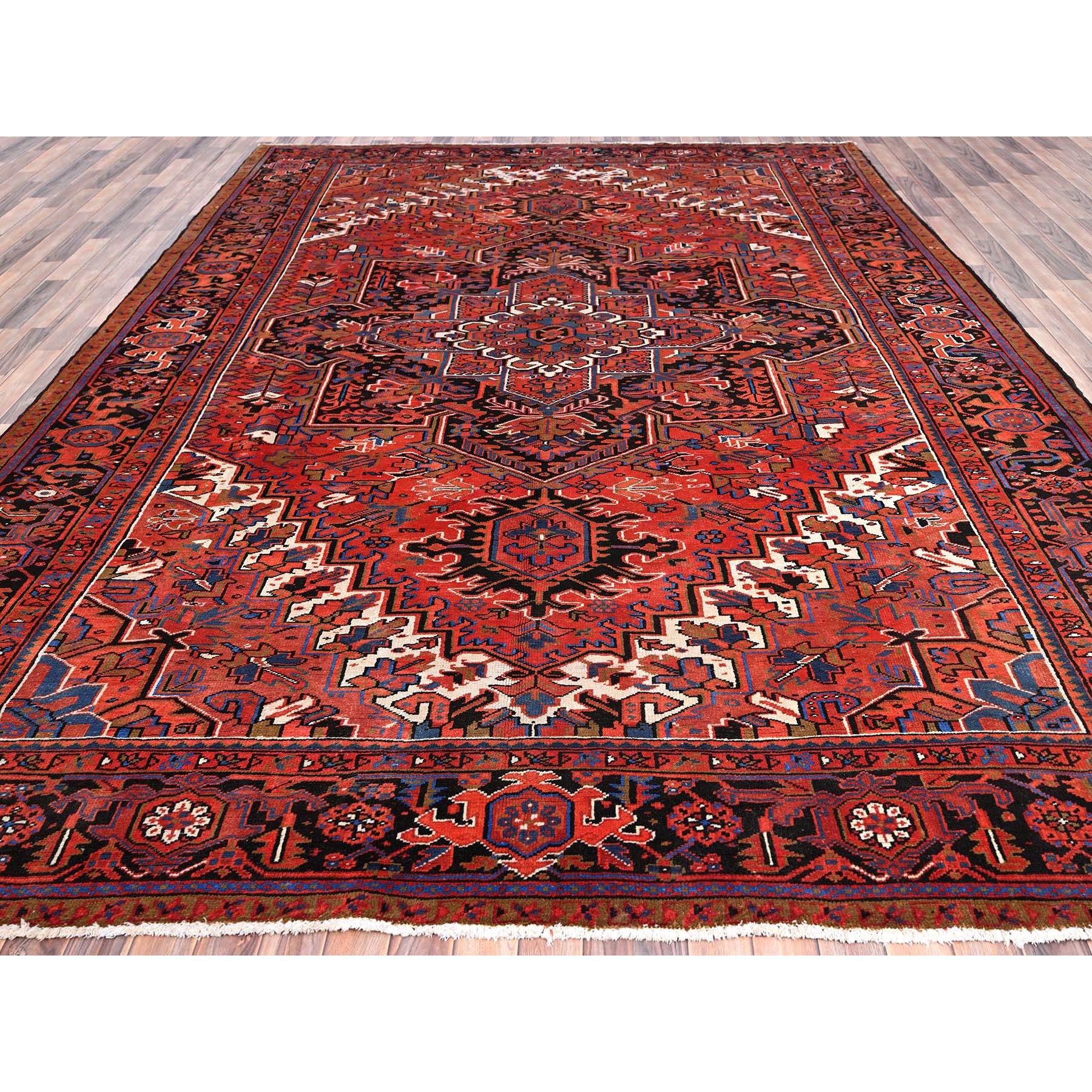 Heriz Serapi Red Pure Wool Hand Knotted Vintage Persian Heriz Distressed Feel Evenly Worn Rug For Sale