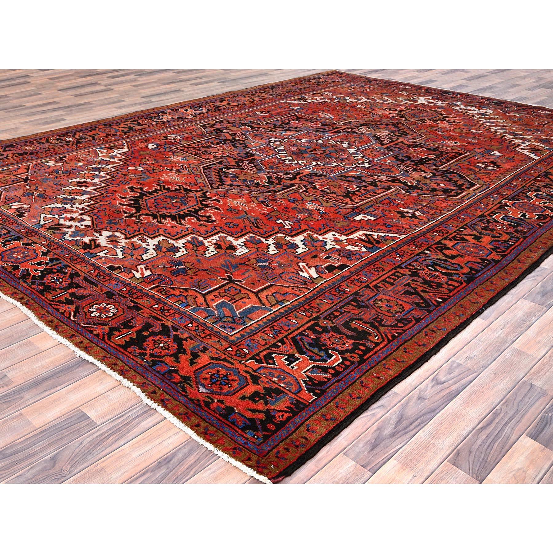 Hand-Knotted Red Pure Wool Hand Knotted Vintage Persian Heriz Distressed Feel Evenly Worn Rug For Sale