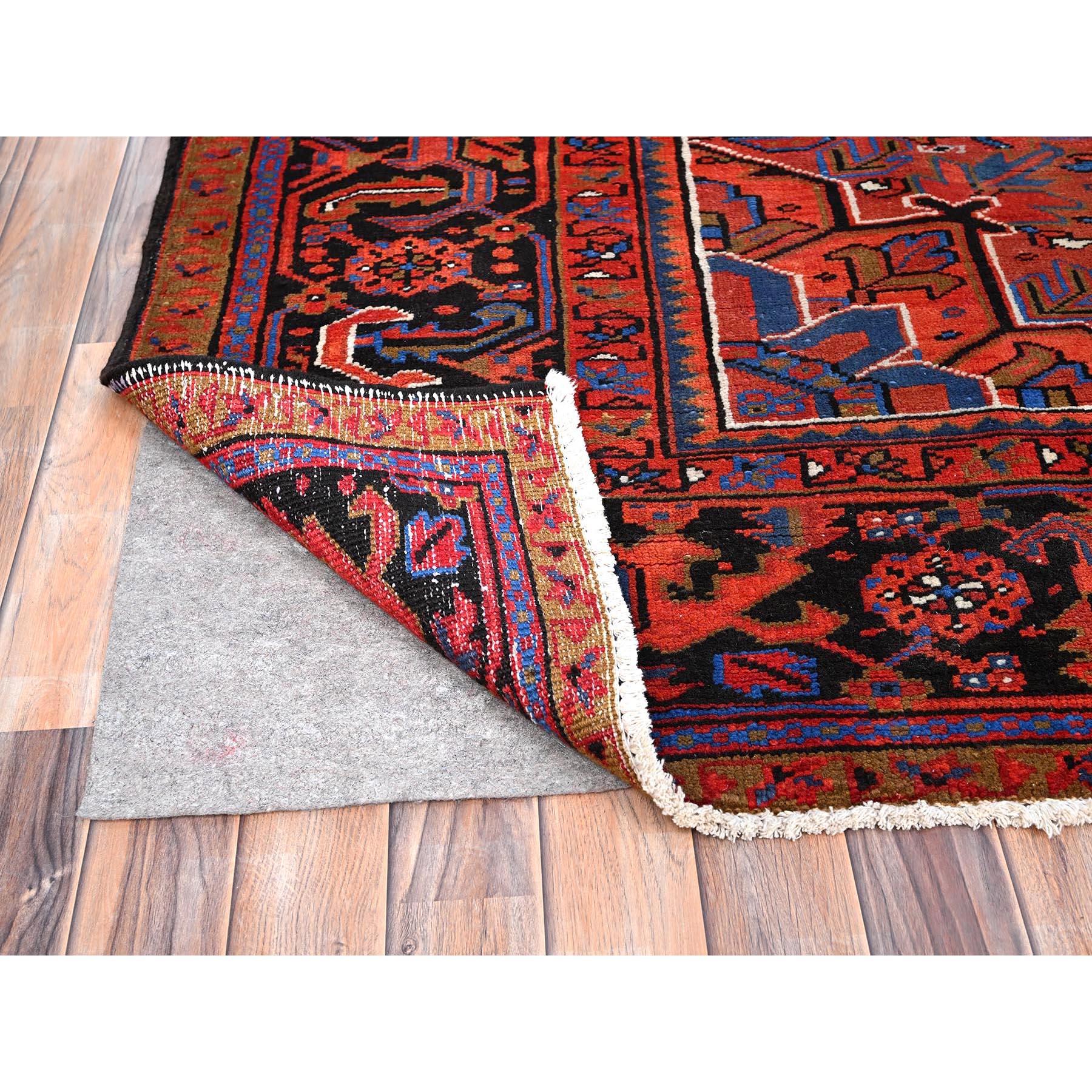 Red Pure Wool Hand Knotted Vintage Persian Heriz Distressed Feel Evenly Worn Rug In Good Condition For Sale In Carlstadt, NJ