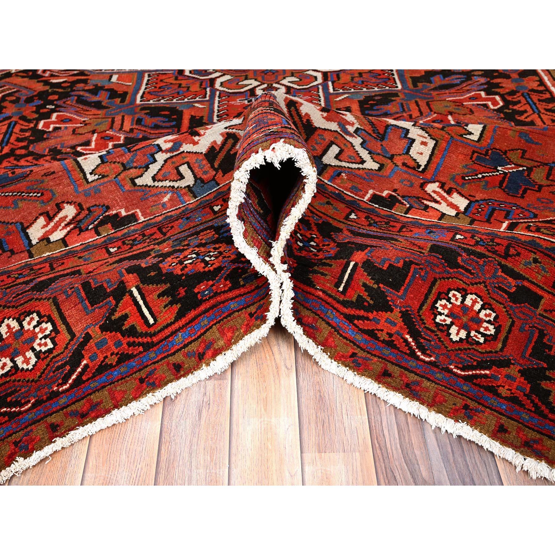 Mid-20th Century Red Pure Wool Hand Knotted Vintage Persian Heriz Distressed Feel Evenly Worn Rug For Sale