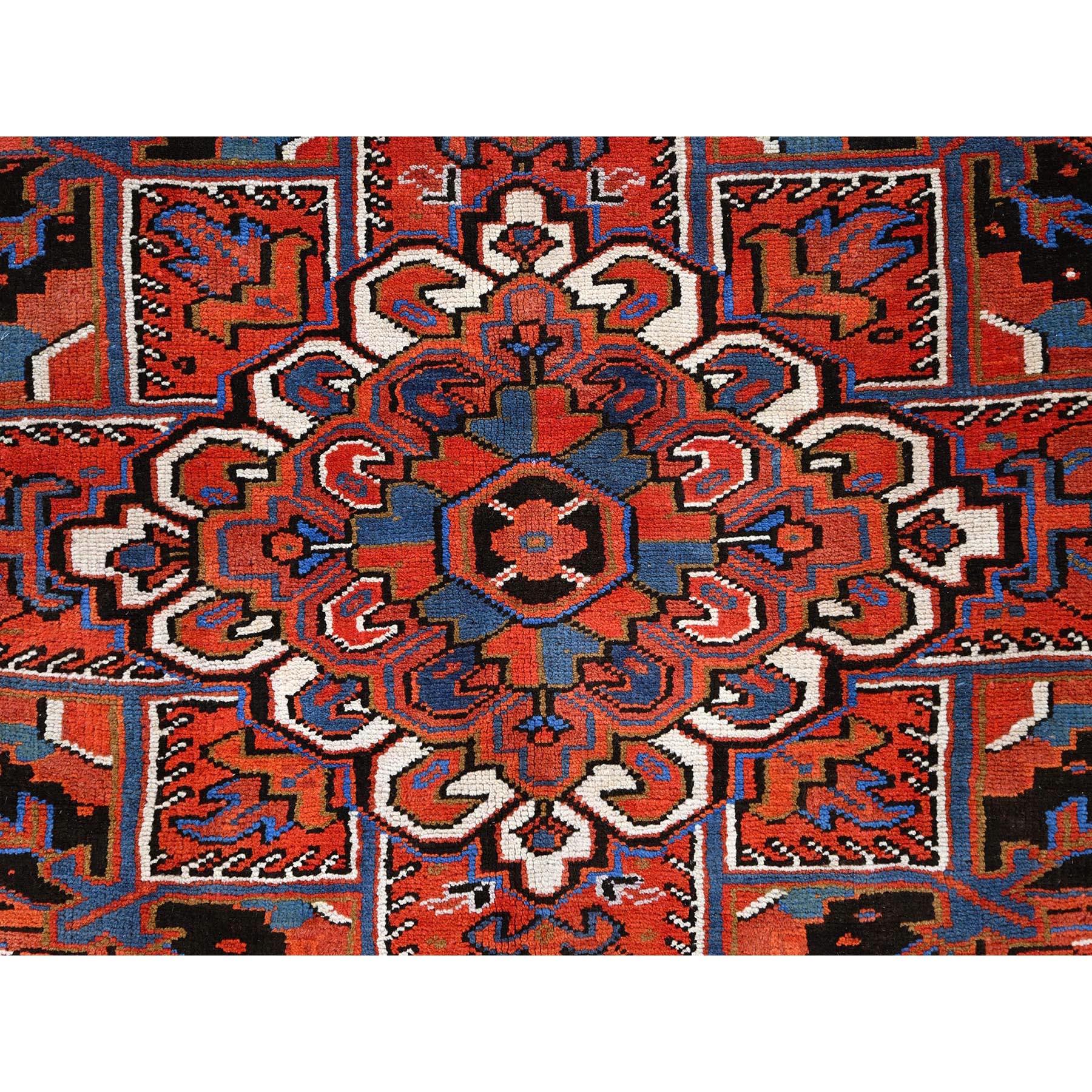 Red Pure Wool Hand Knotted Vintage Persian Heriz Distressed Feel Evenly Worn Rug For Sale 3