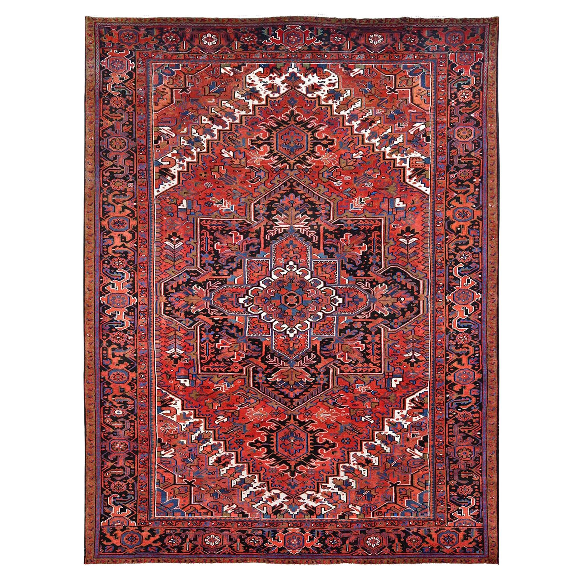Red Pure Wool Hand Knotted Vintage Persian Heriz Distressed Feel Evenly Worn Rug For Sale