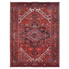 Red Pure Wool Hand Knotted Vintage Persian Heriz Distressed Feel Evenly Worn Rug