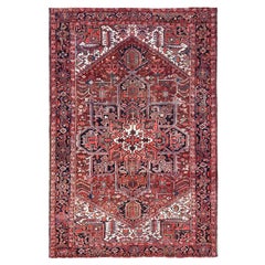 Red Pure Wool Hand Knotted Vintage Persian Heriz Professionally Cleaned Rug