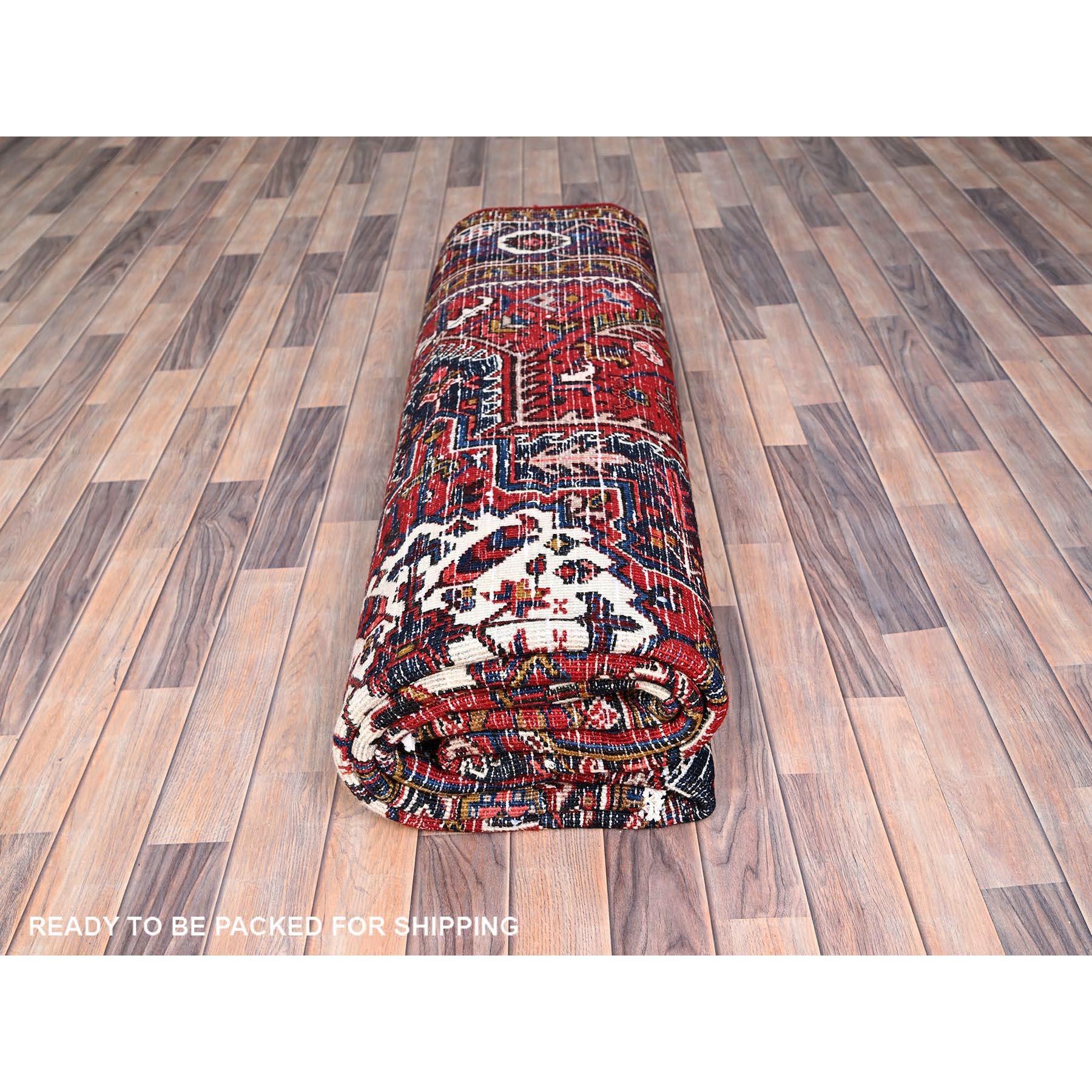 Red Pure Wool Hand Knotted Vintage Persian Heriz Rustic Feel Evenly Worn Rug For Sale 4
