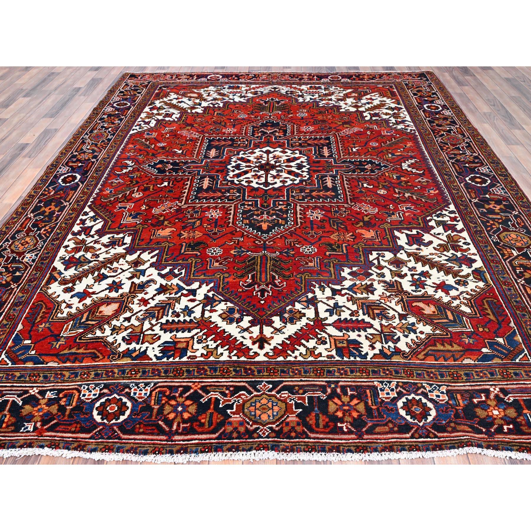 Heriz Serapi Red Pure Wool Hand Knotted Vintage Persian Heriz Rustic Feel Evenly Worn Rug For Sale