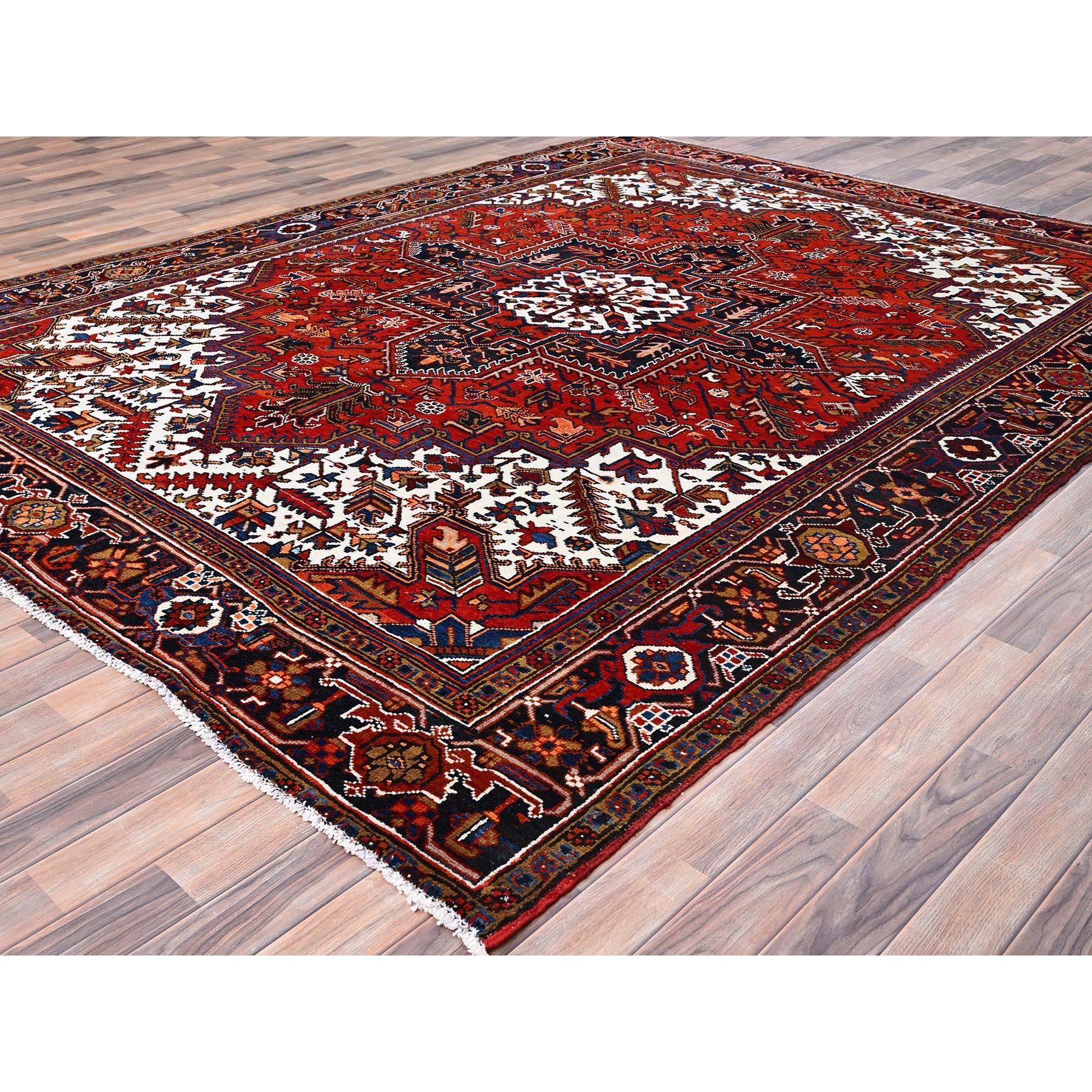 Hand-Knotted Red Pure Wool Hand Knotted Vintage Persian Heriz Rustic Feel Evenly Worn Rug For Sale