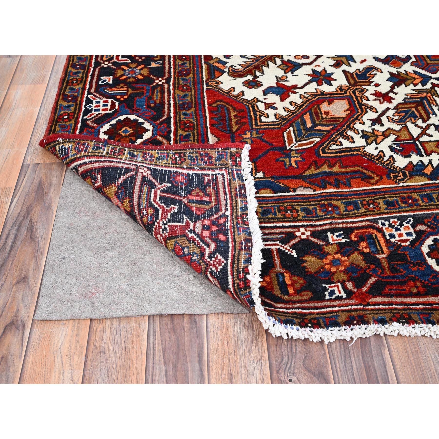 Red Pure Wool Hand Knotted Vintage Persian Heriz Rustic Feel Evenly Worn Rug In Good Condition For Sale In Carlstadt, NJ