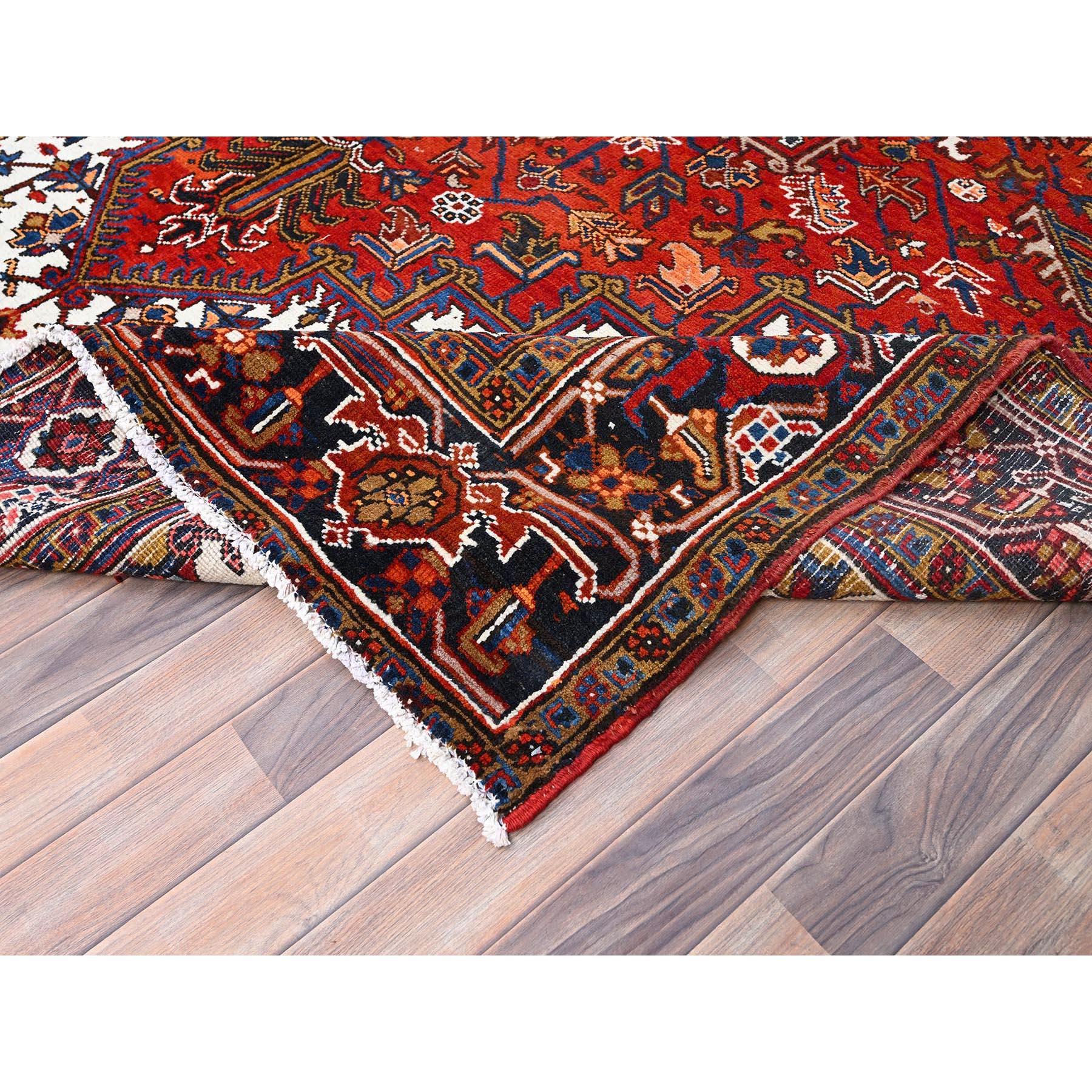 Red Pure Wool Hand Knotted Vintage Persian Heriz Rustic Feel Evenly Worn Rug For Sale 1